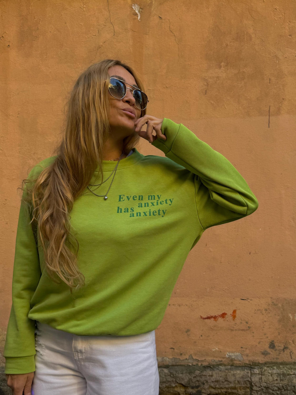 Bright Green Designer Sweatshirt with anxiety print