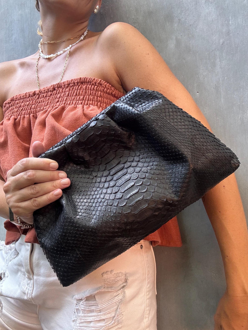 Genuine Python Skin Pouch Bag — Black