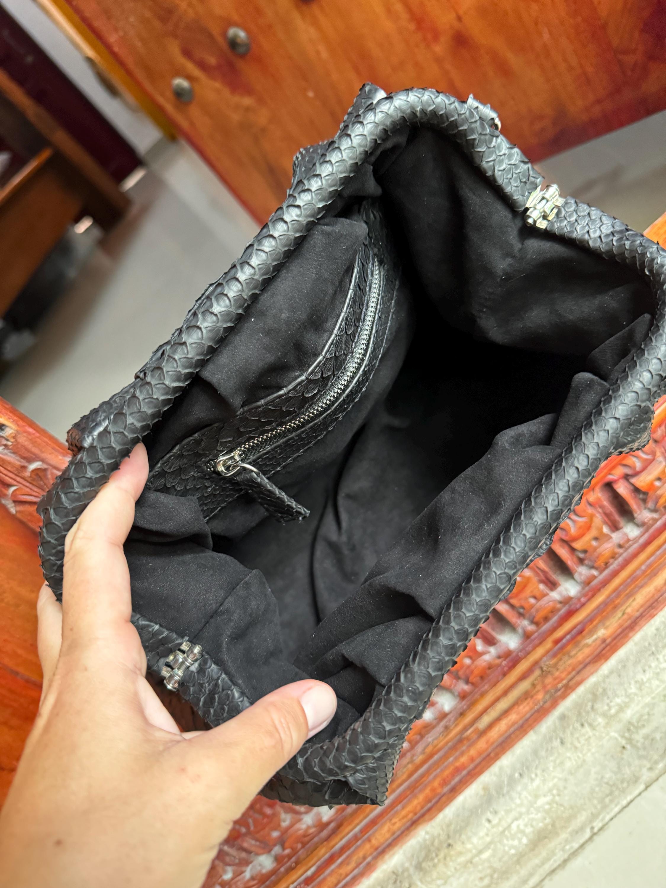 Genuine Python Skin Pouch Bag — Black