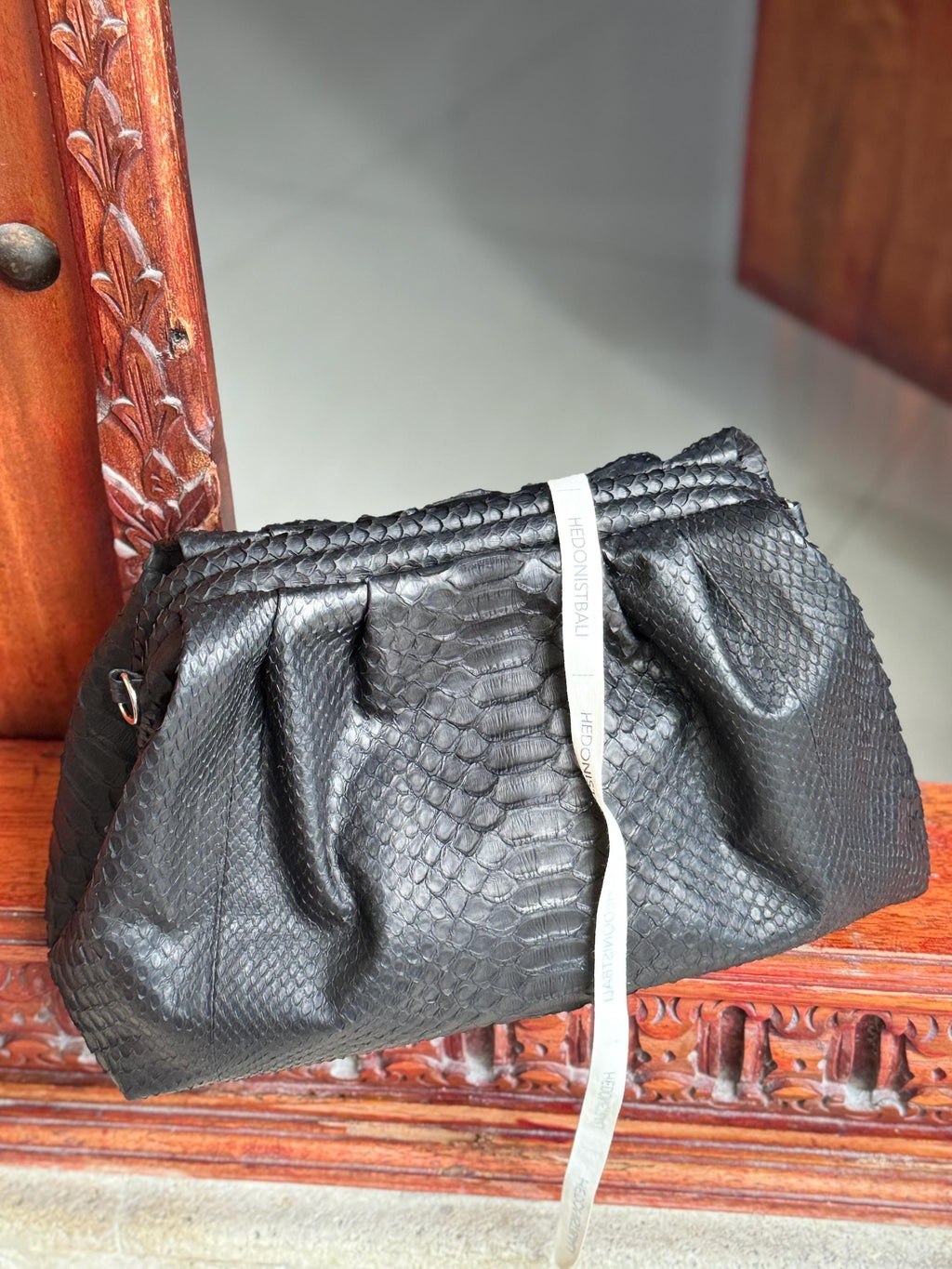 Genuine Python Skin Pouch Bag — Black