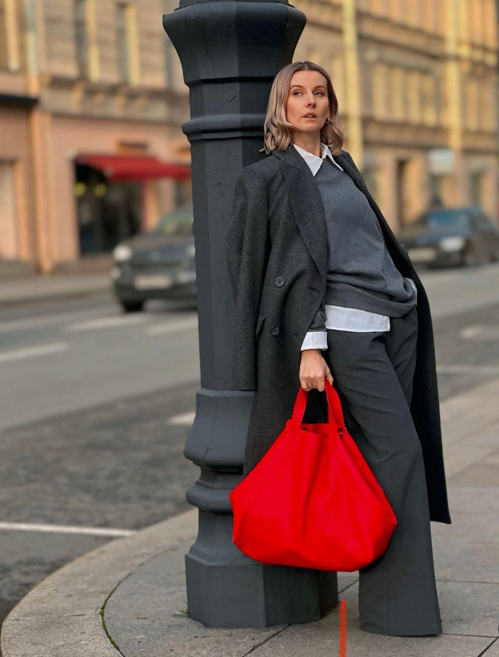 Genuine Leather Oversized Tote Bag — Red