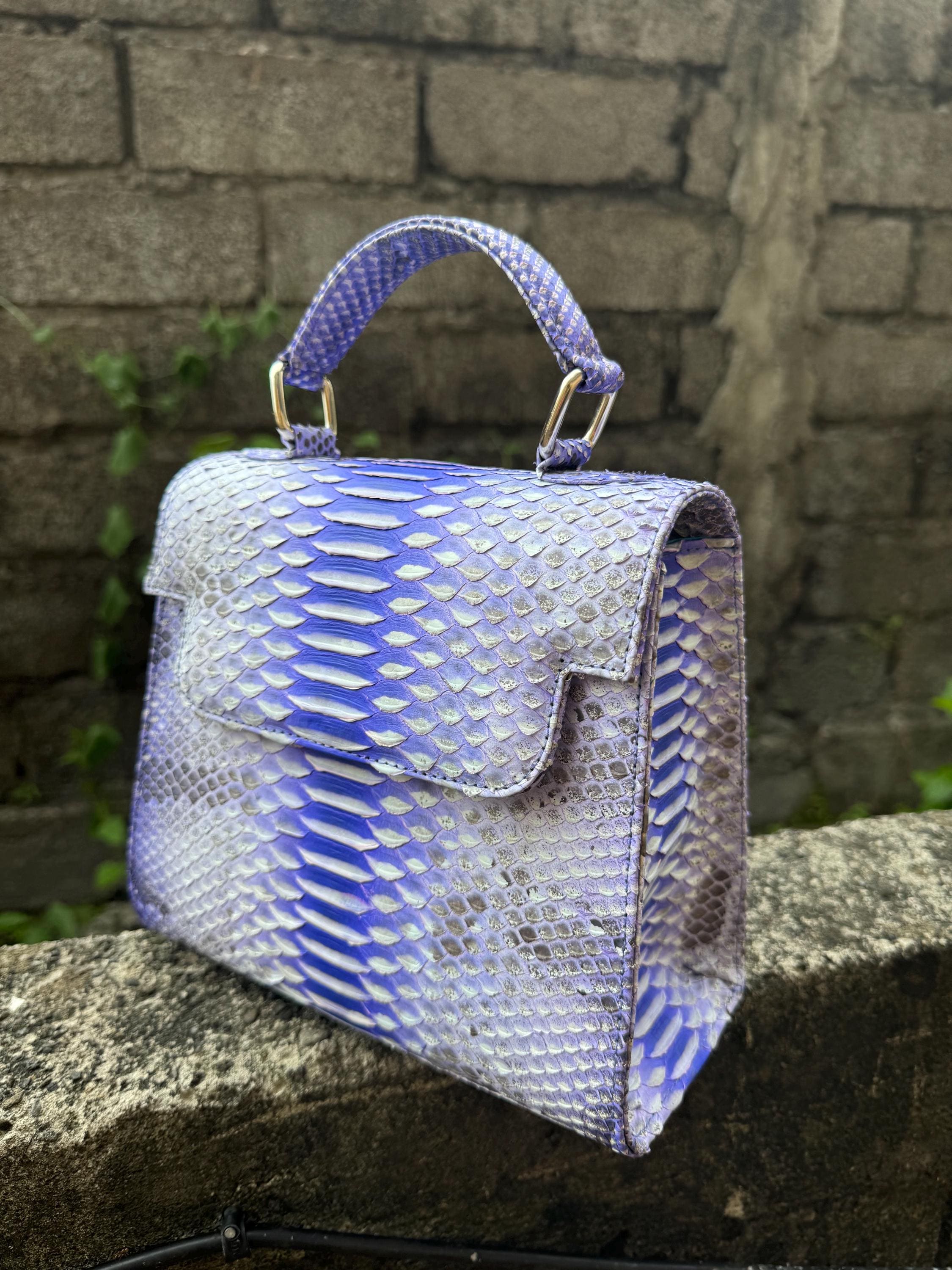 Genuine Python Skin Crossbody Handle Bag — Light Blue