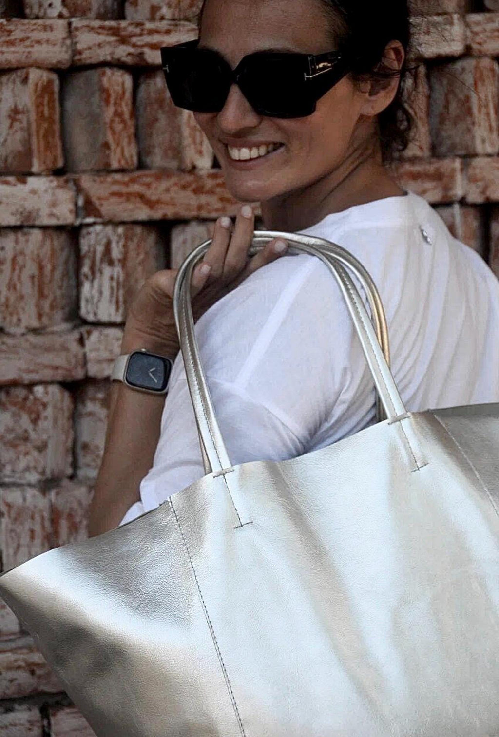Genuine leather silver tote shopper big bag / everyday purse / handmade bags / designer bags / summer bag / gift for her