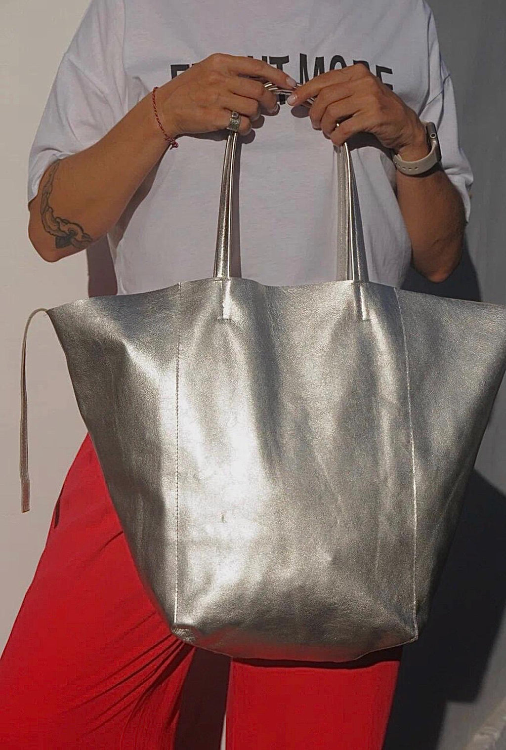 Genuine leather silver tote shopper big bag / everyday purse / handmade bags / designer bags / summer bag / gift for her — Red