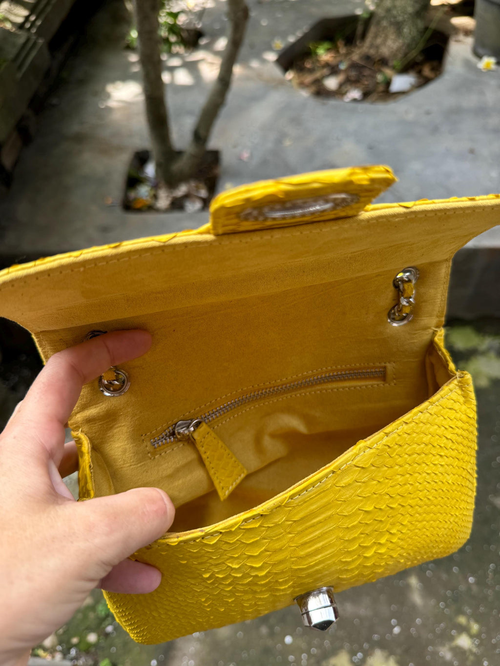 Genuine Python Skin Chain Crossbody Bag — Yellow