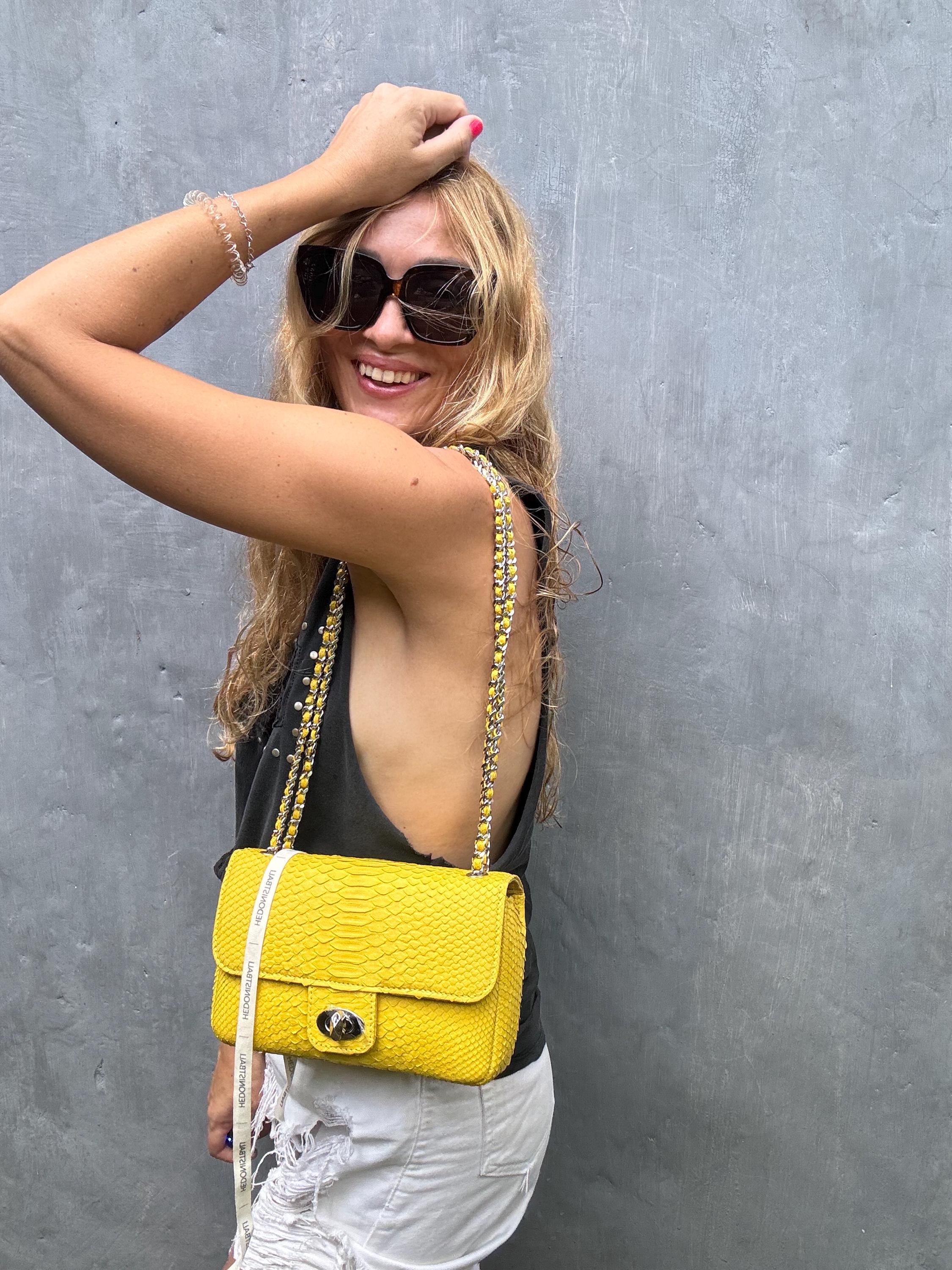 Genuine Python Skin Chain Crossbody Bag — Yellow