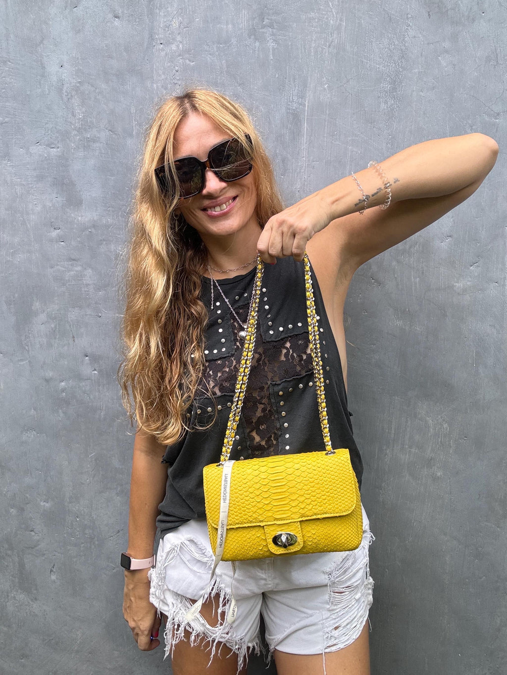Genuine Python Skin Chain Crossbody Bag — Yellow