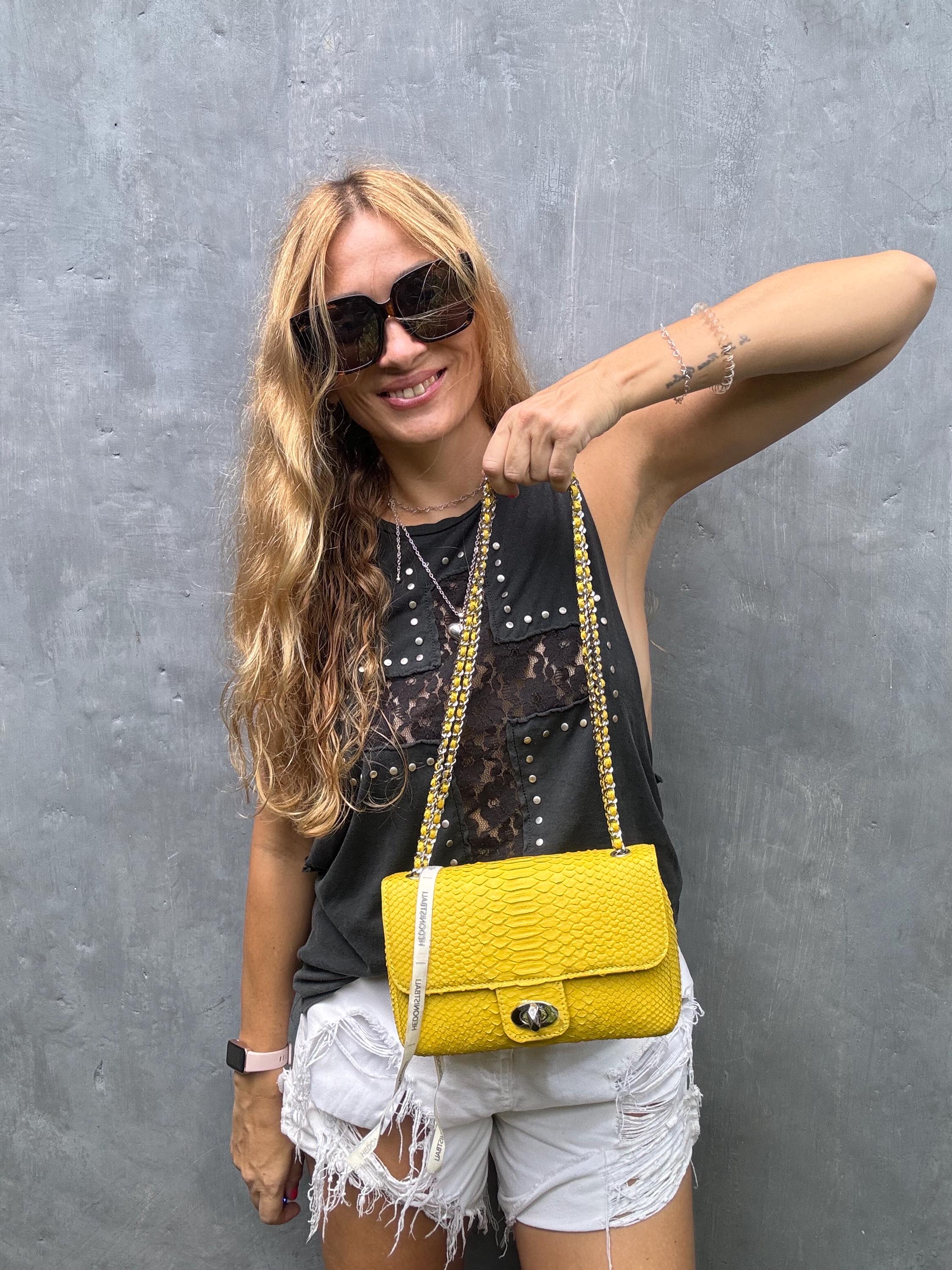 Genuine Python Skin Chain Crossbody Bag — Yellow
