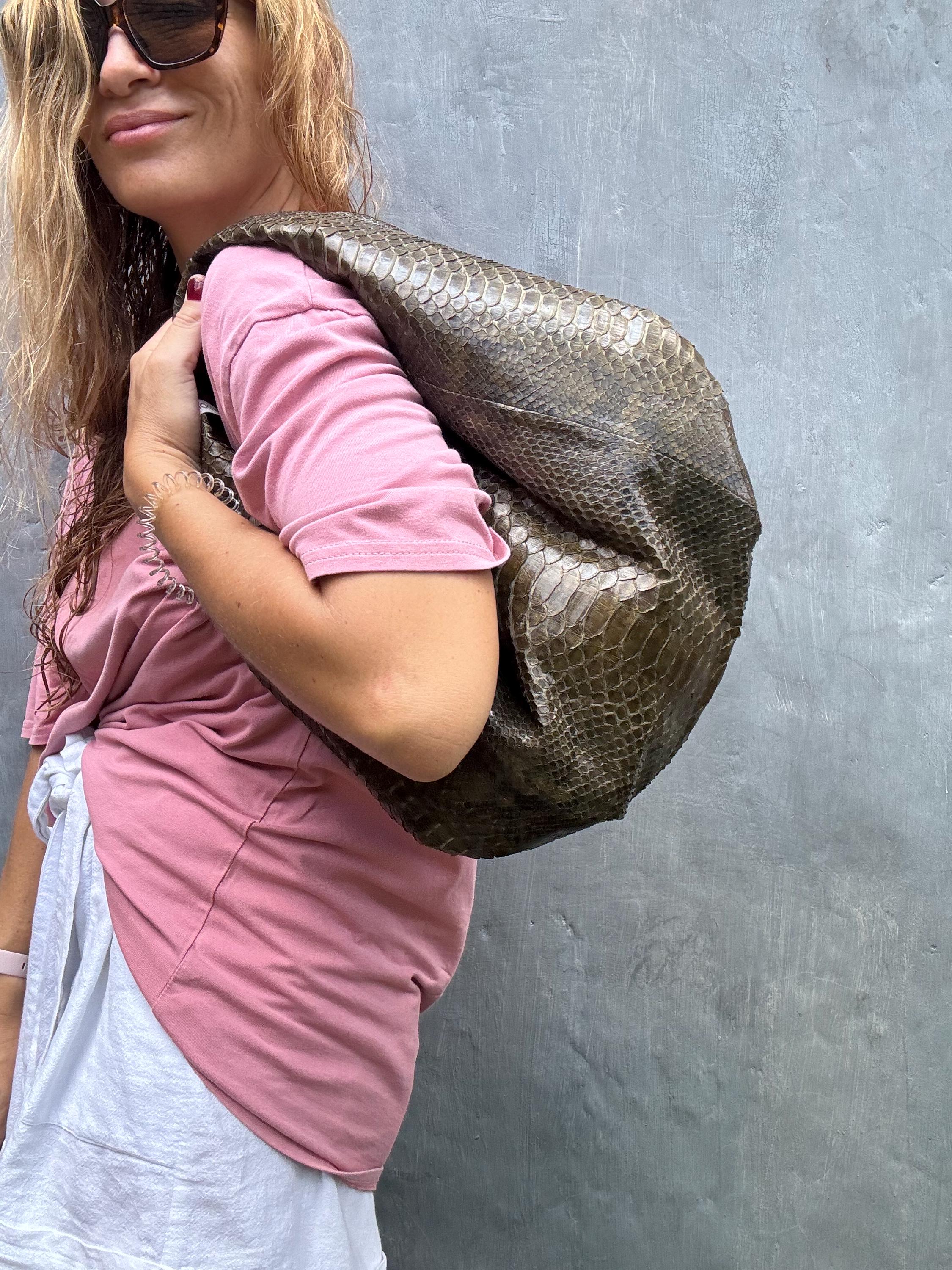Medium Soft Hobo Python Skin Bag — Khaki