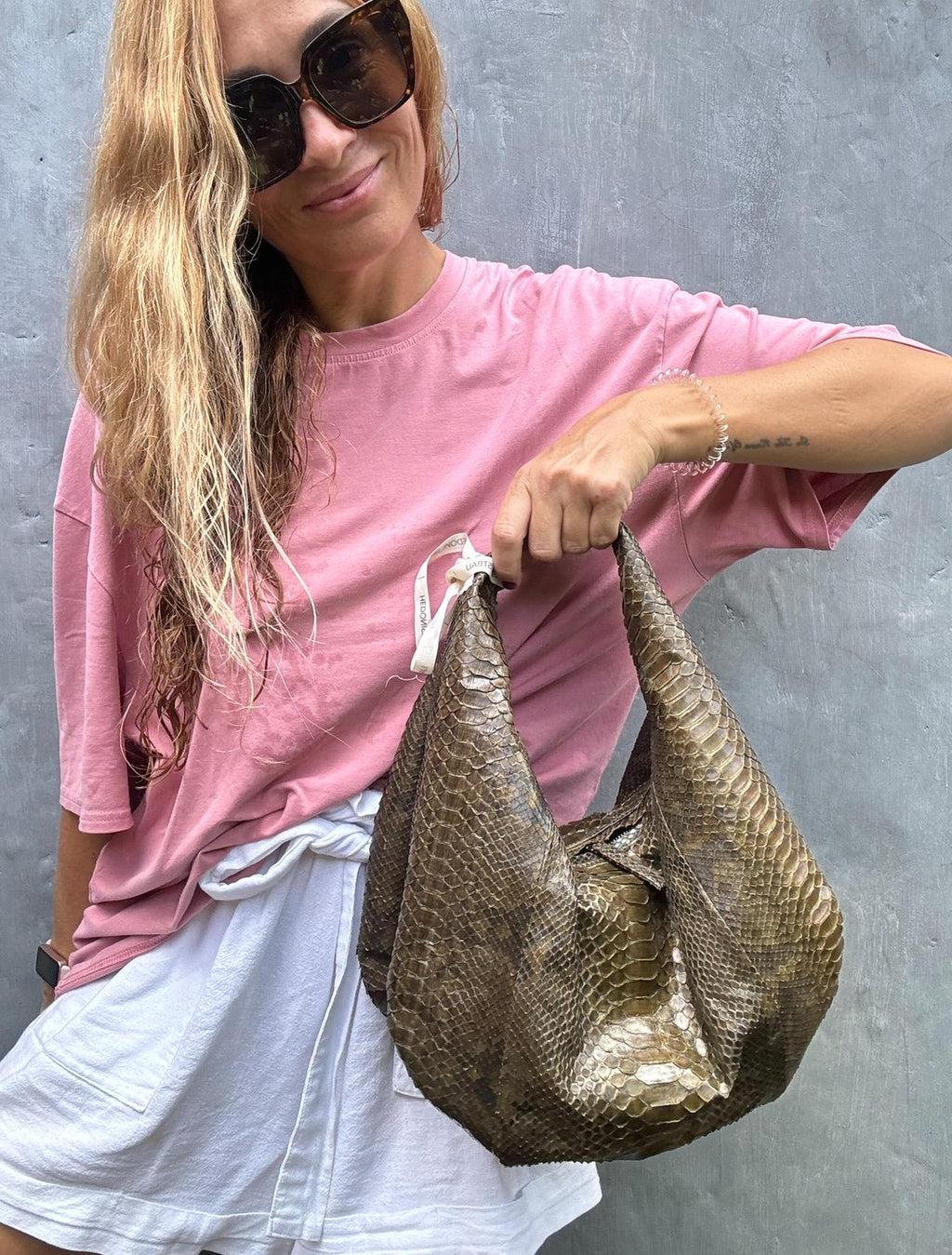 Medium Soft Hobo Python Skin Bag — Khaki