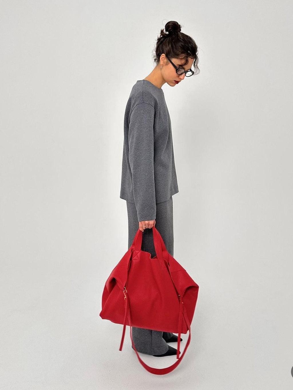 Genuine Leather Oversized Tote Bag — Red