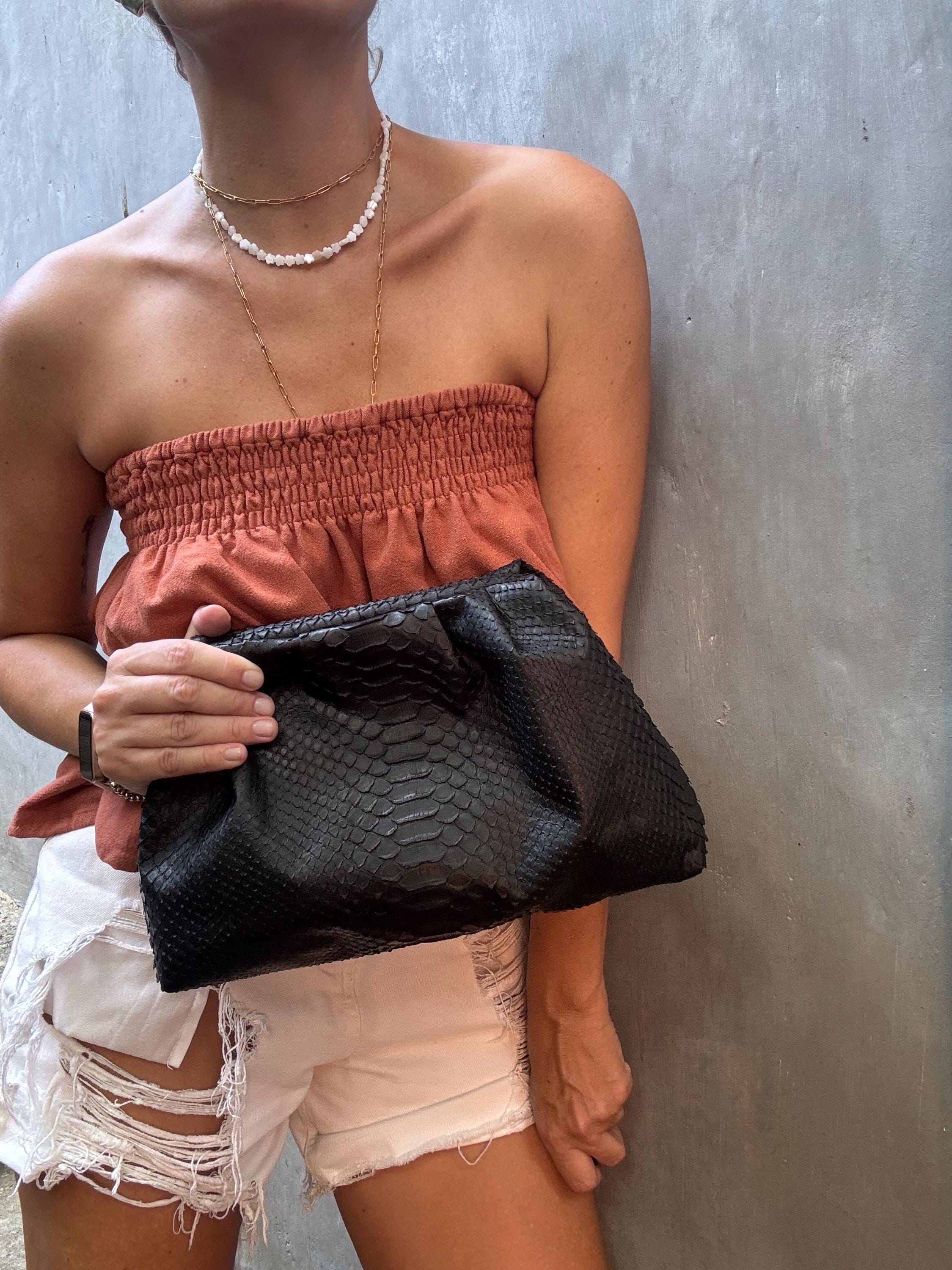 Genuine Python Skin Pouch Bag — Black