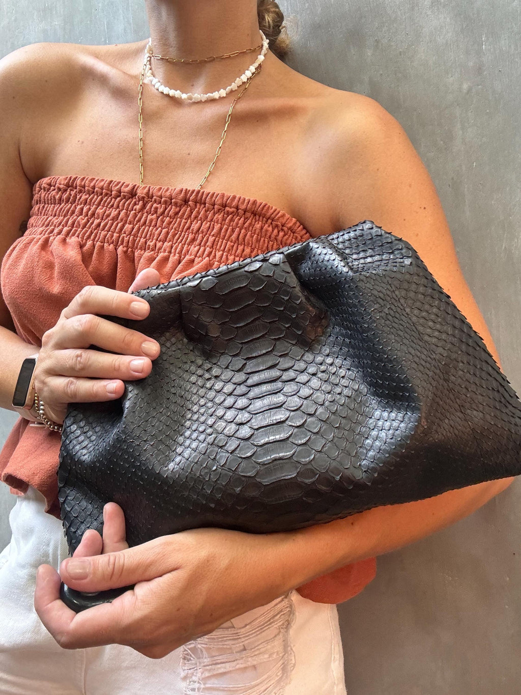 Genuine Python Skin Pouch Bag — Black