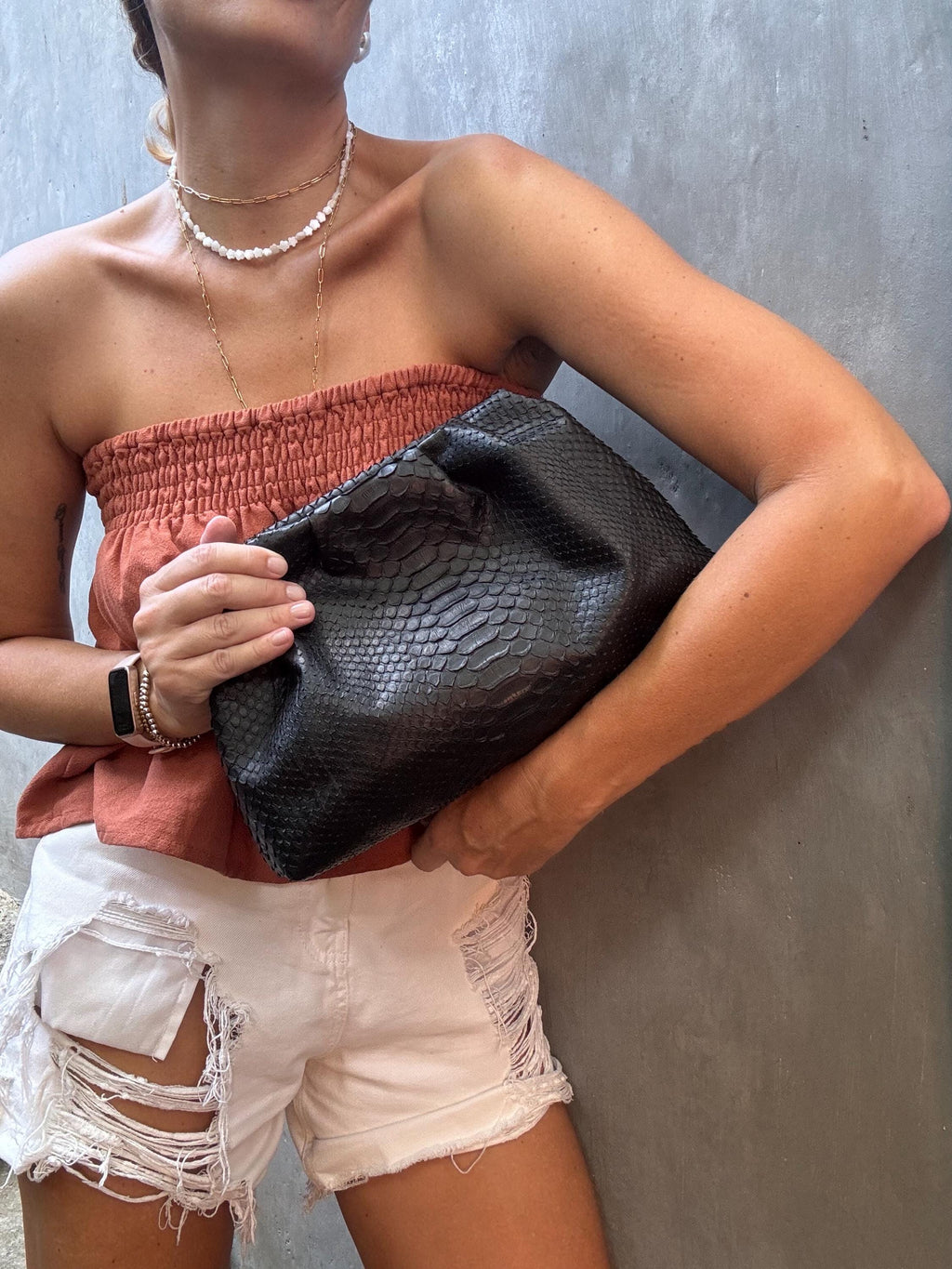 Genuine Python Skin Pouch Bag — Black