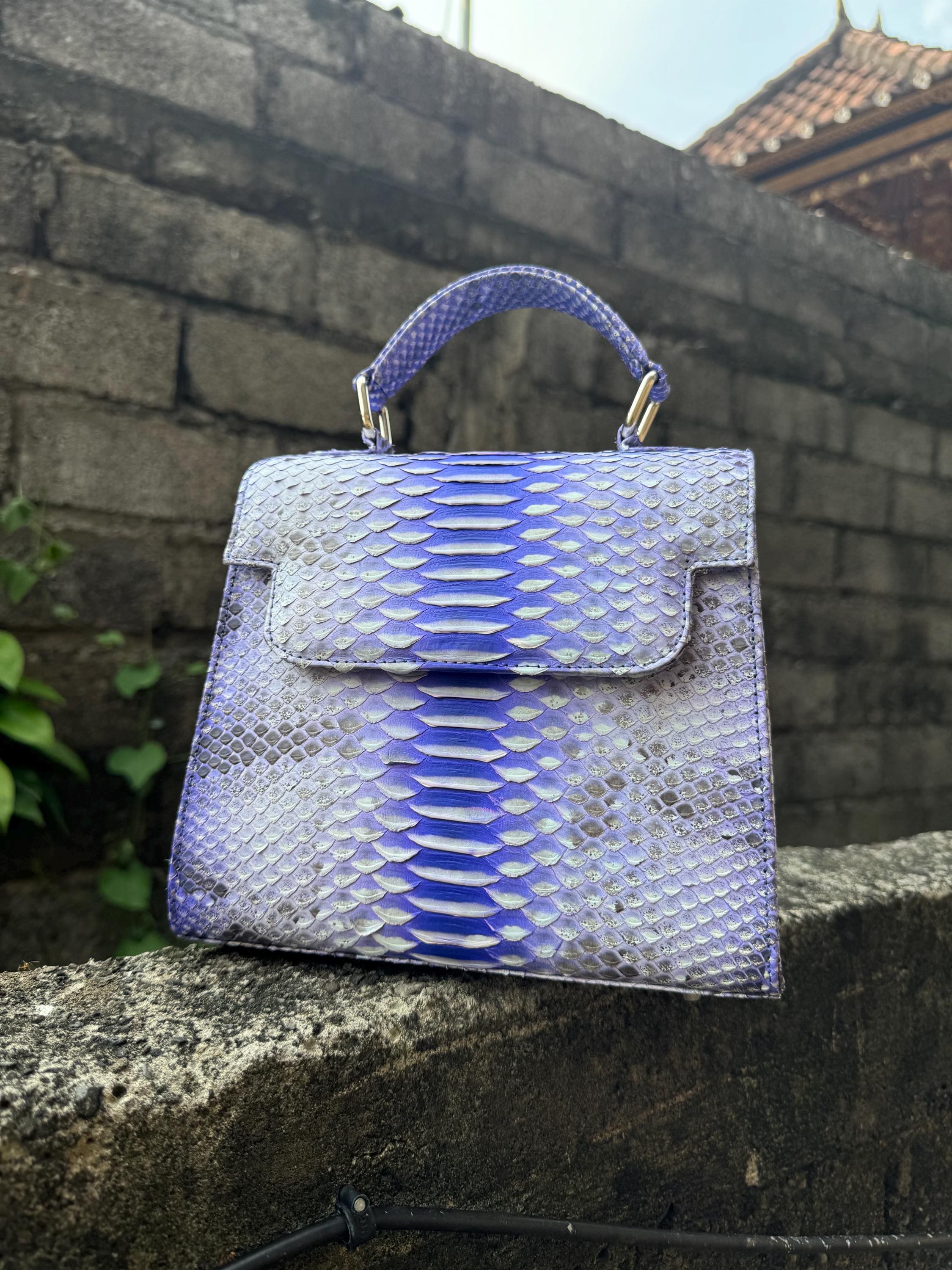 Genuine Python Skin Crossbody Handle Bag — Light Blue