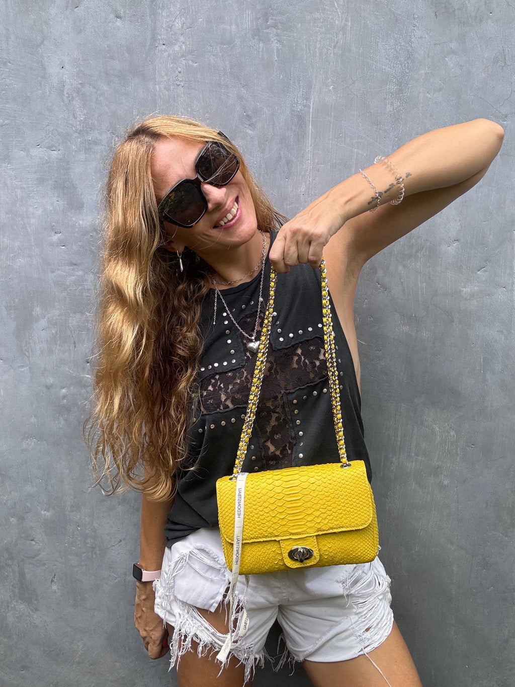 Genuine Python Skin Chain Crossbody Bag — Yellow