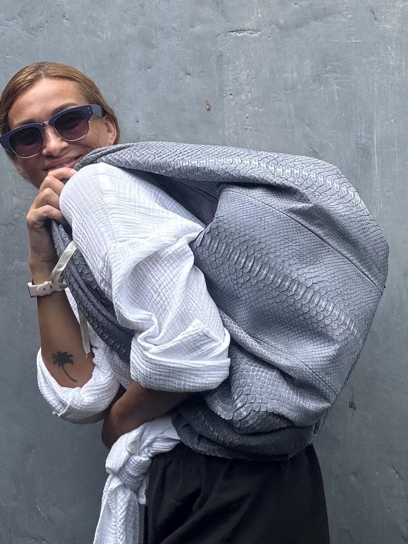 Big Soft Hobo Python Skin Bag — Grey