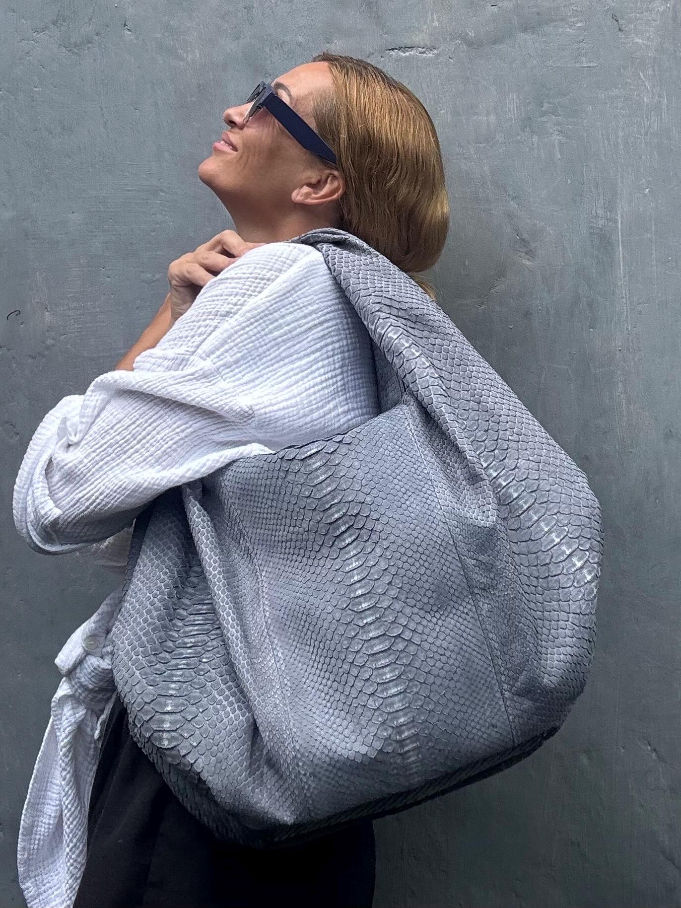 Big Soft Hobo Python Skin Bag — Grey