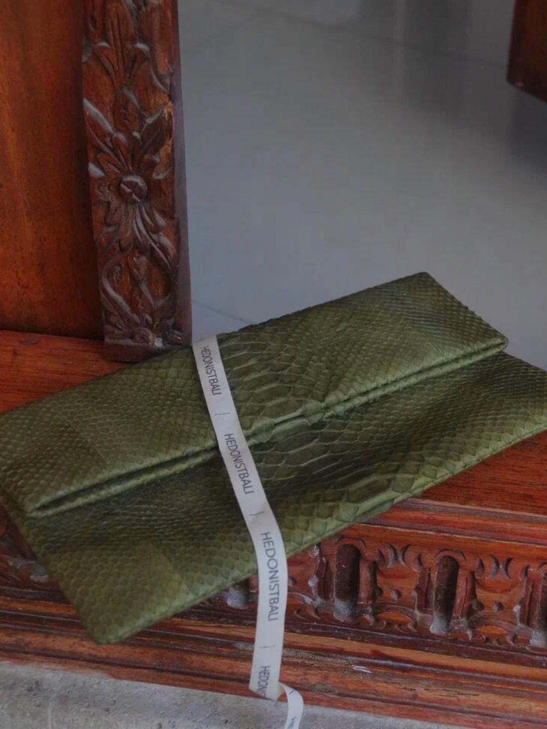 Genuine Python Skin Dark Green Envelope Clutch — Red
