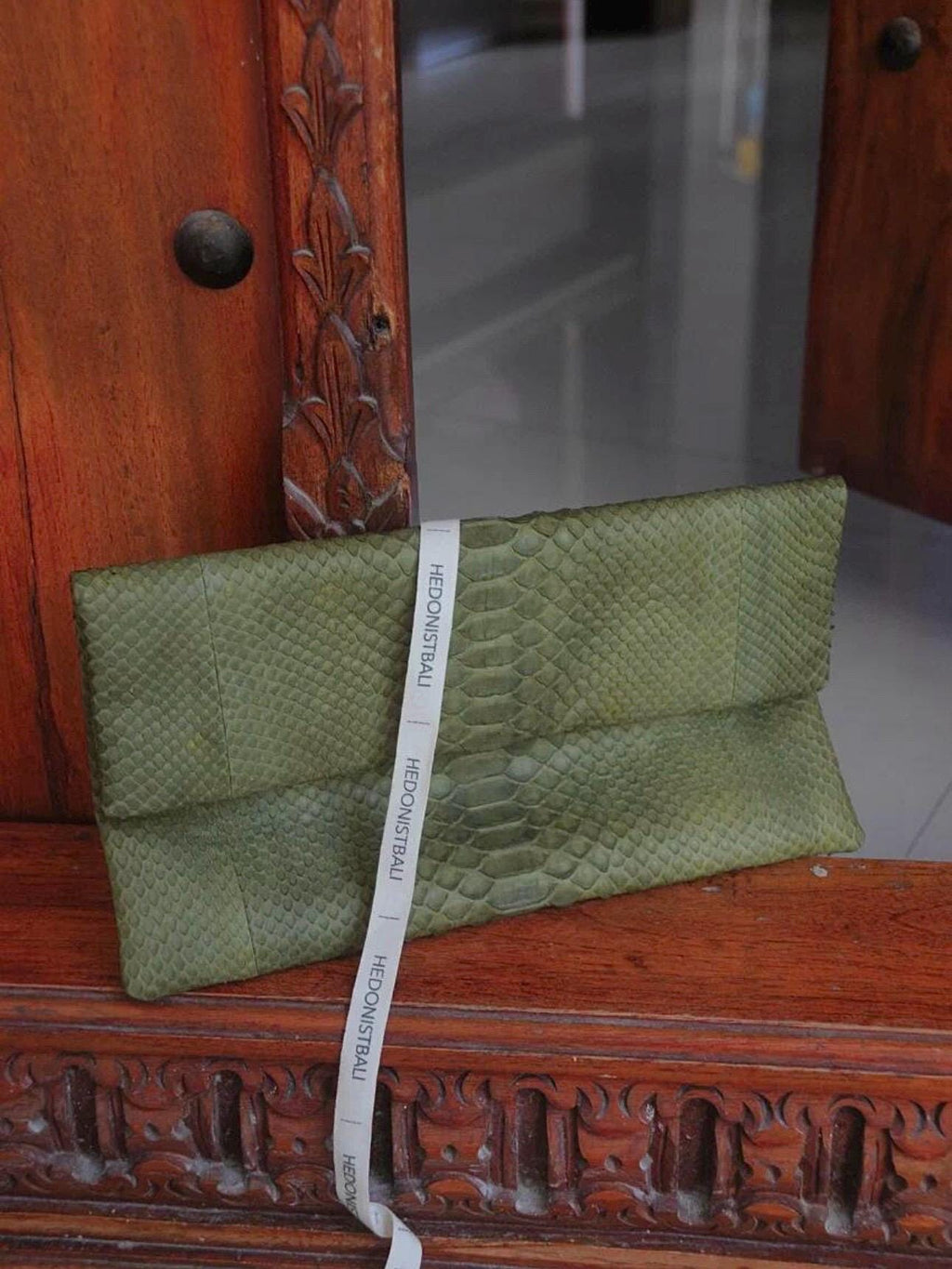 Genuine Python Skin Dark Green Envelope Clutch — Red
