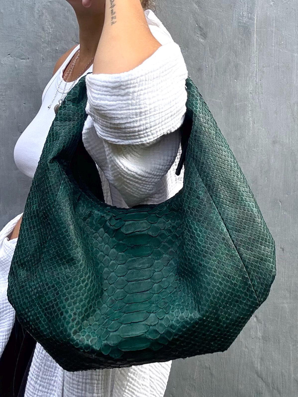 Medium Soft Hobo Python Skin Bag — Dark Green