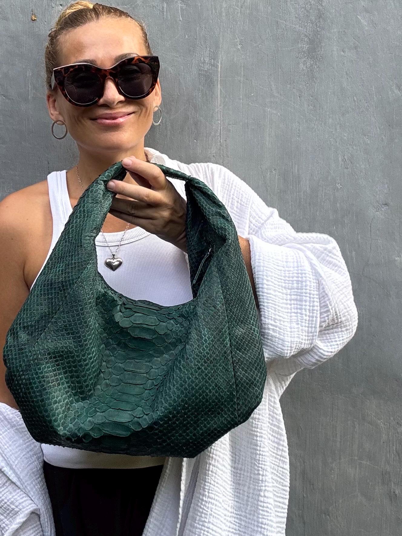 Medium Soft Hobo Python Skin Bag — Dark Green