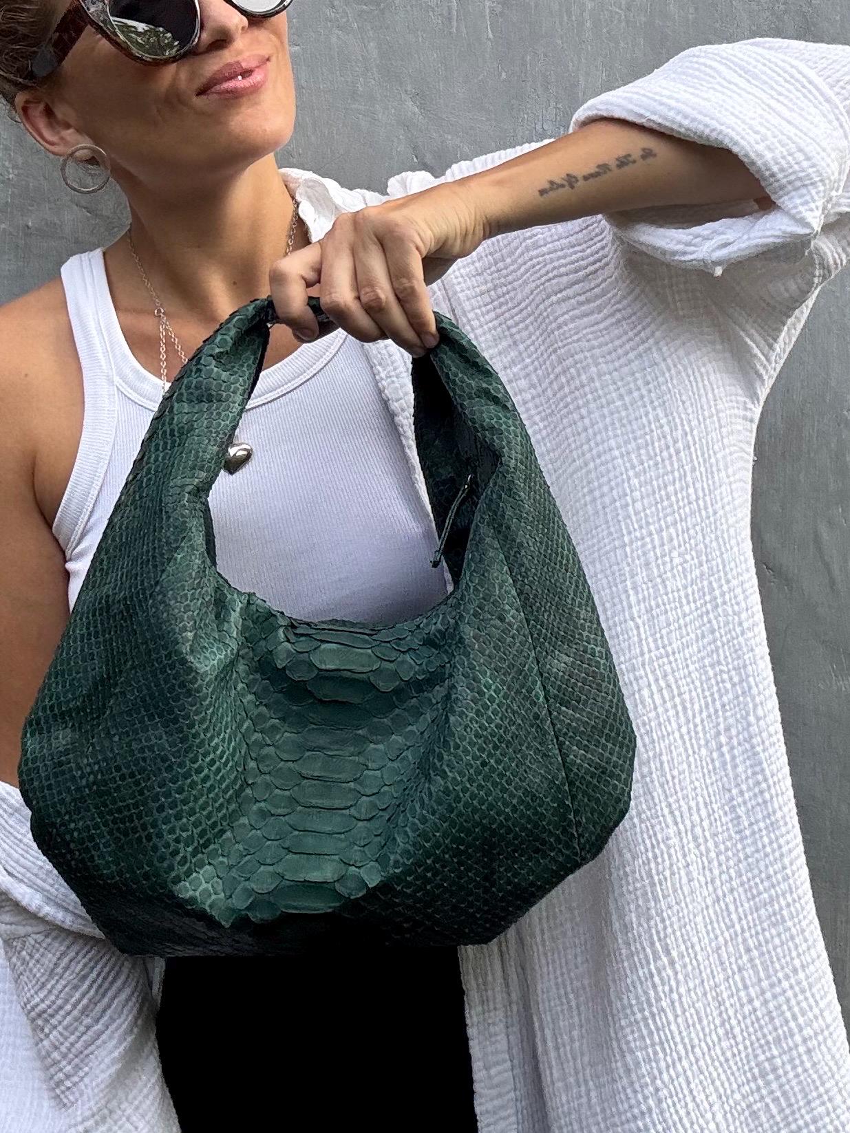 Medium Soft Hobo Python Skin Bag — Dark Green