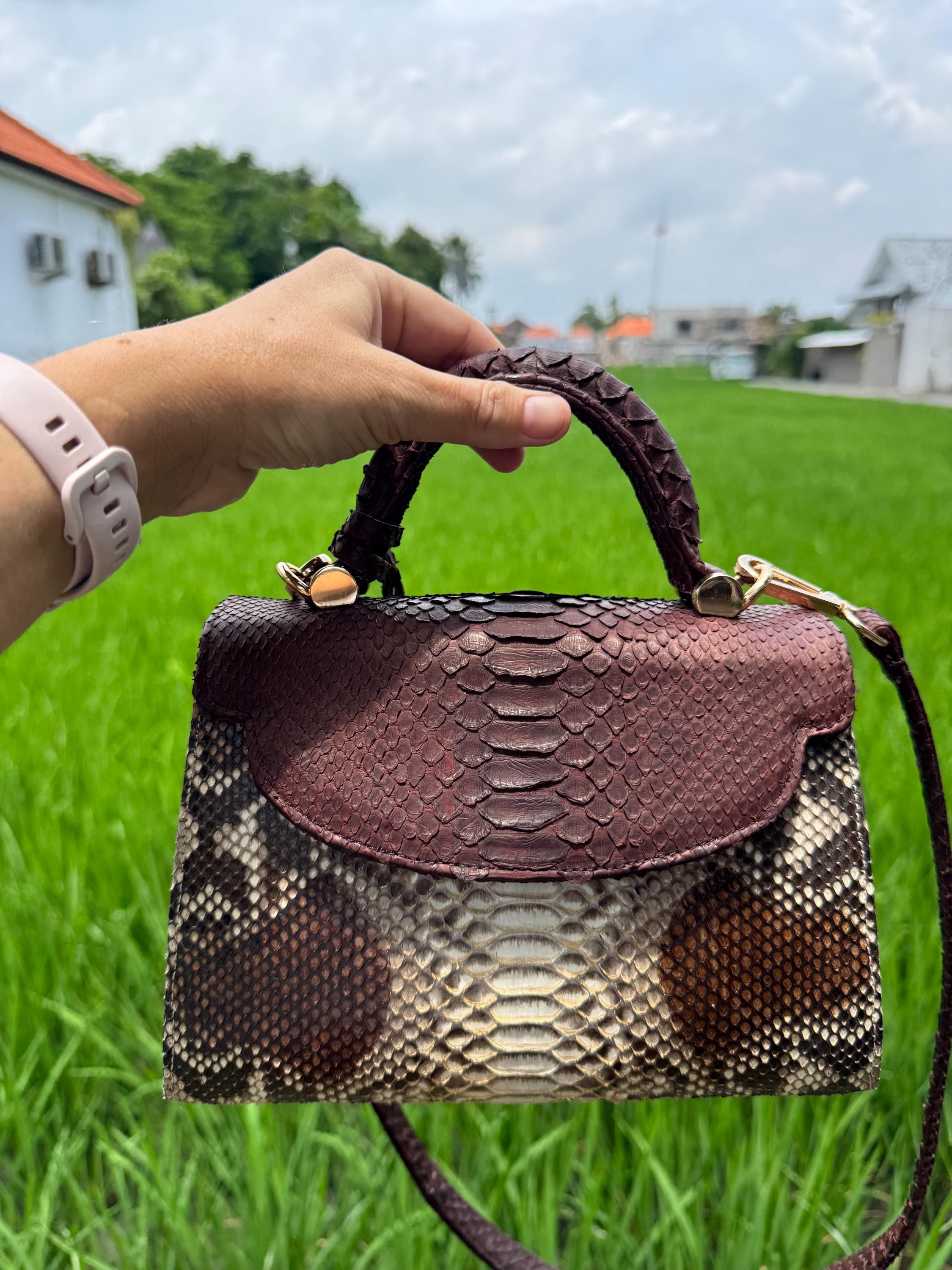 Genuine python top handle bag / designer bag / exotic leather bag / brown purse exotic leather / snake  print designer classy purse — Red