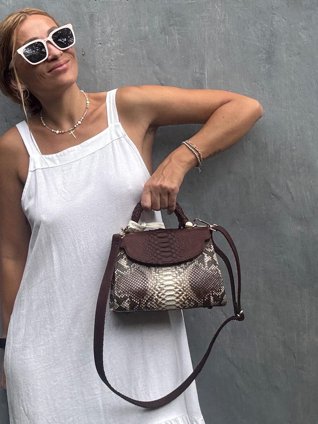 Genuine Python Skin Top Handle Bag — Brown