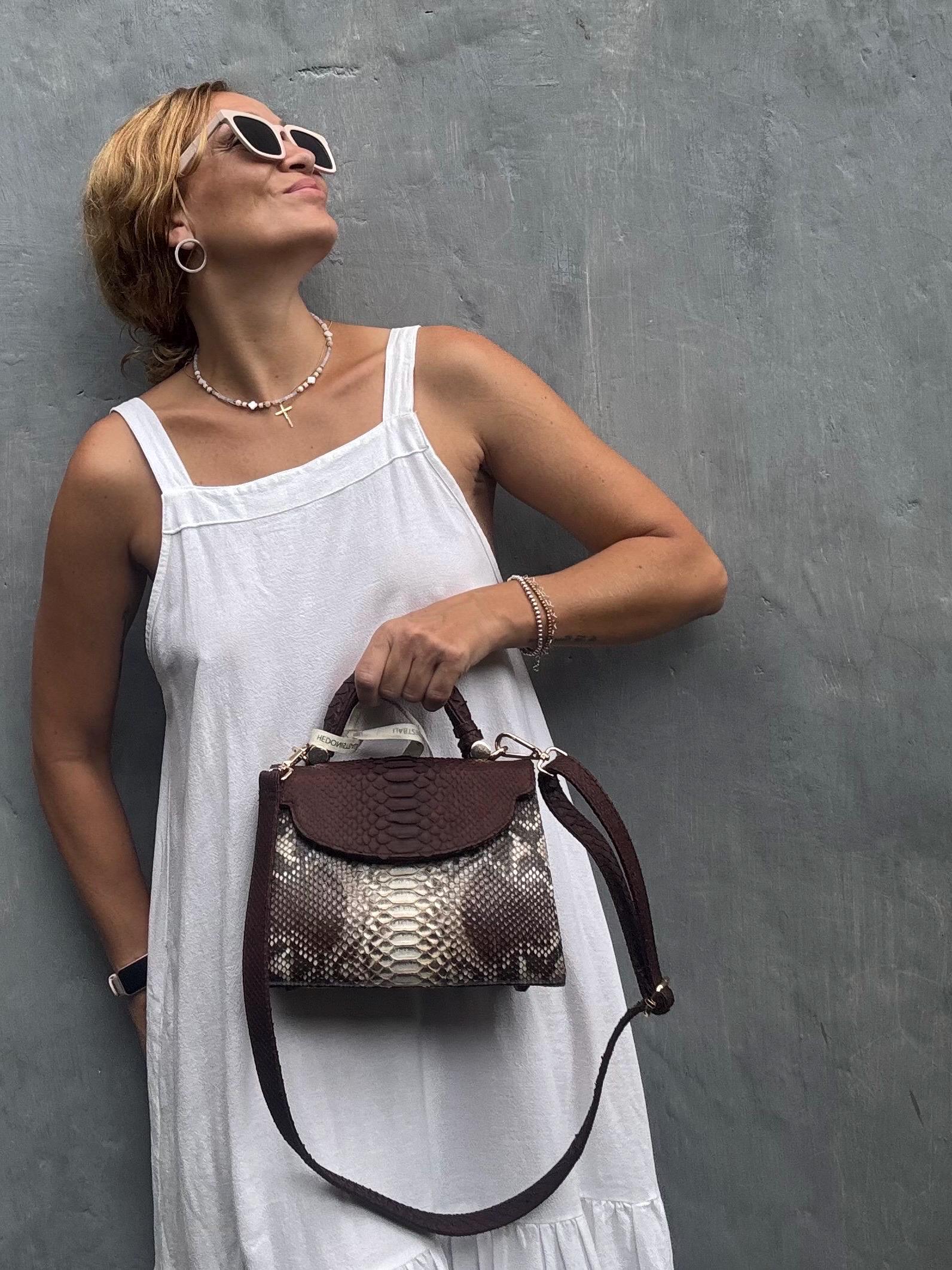 Genuine Python Skin Top Handle Bag — Brown