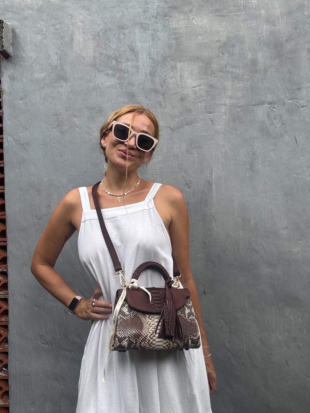 Genuine Python Skin Top Handle Bag — Brown