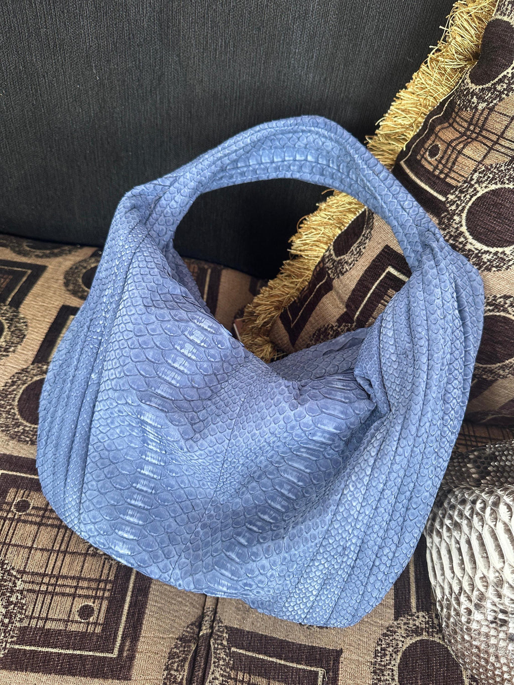 Medium Soft Hobo Python Skin Stitched Bag — Light Blue