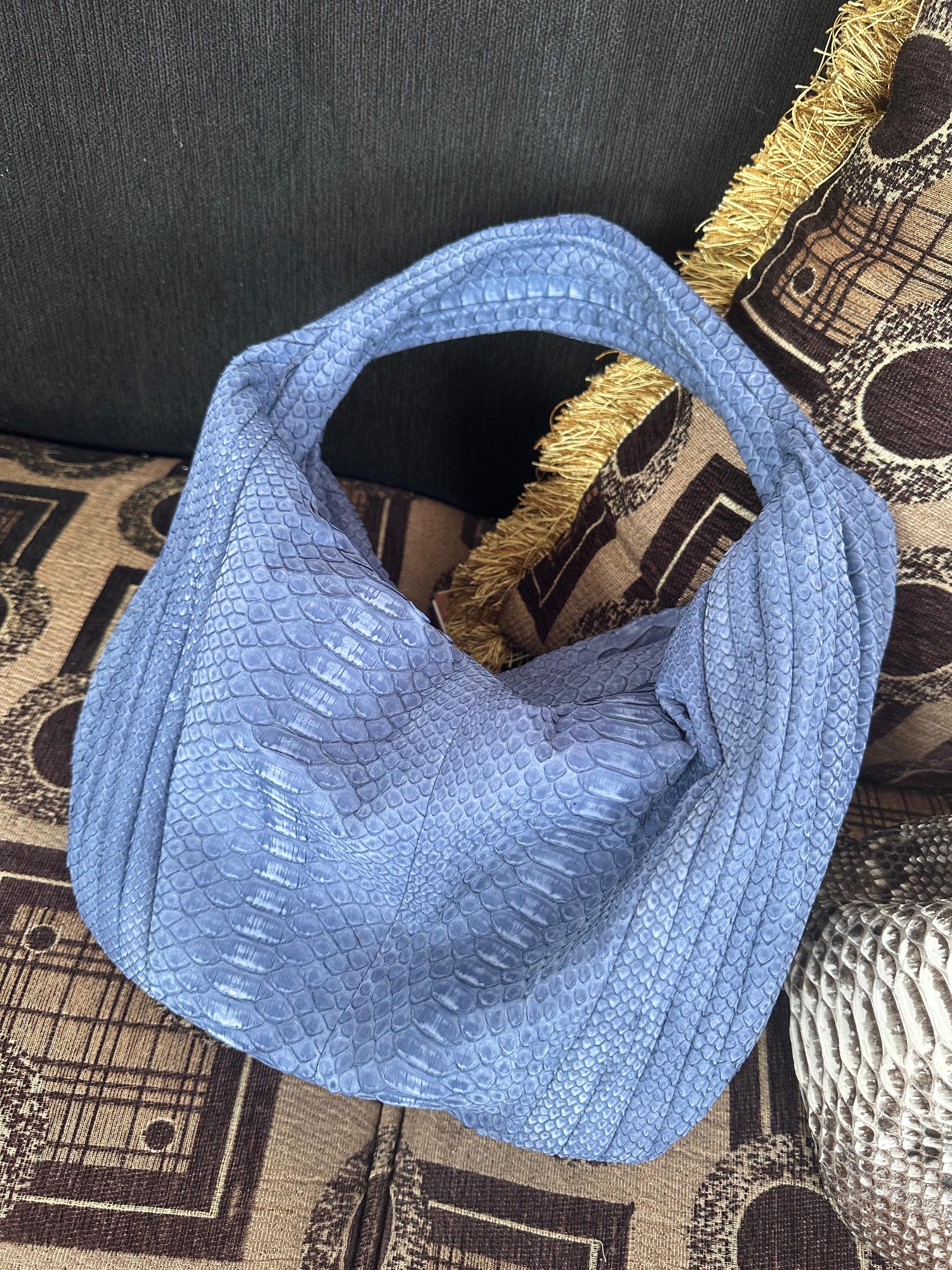 Medium Soft Hobo Python Skin Stitched Bag — Light Blue