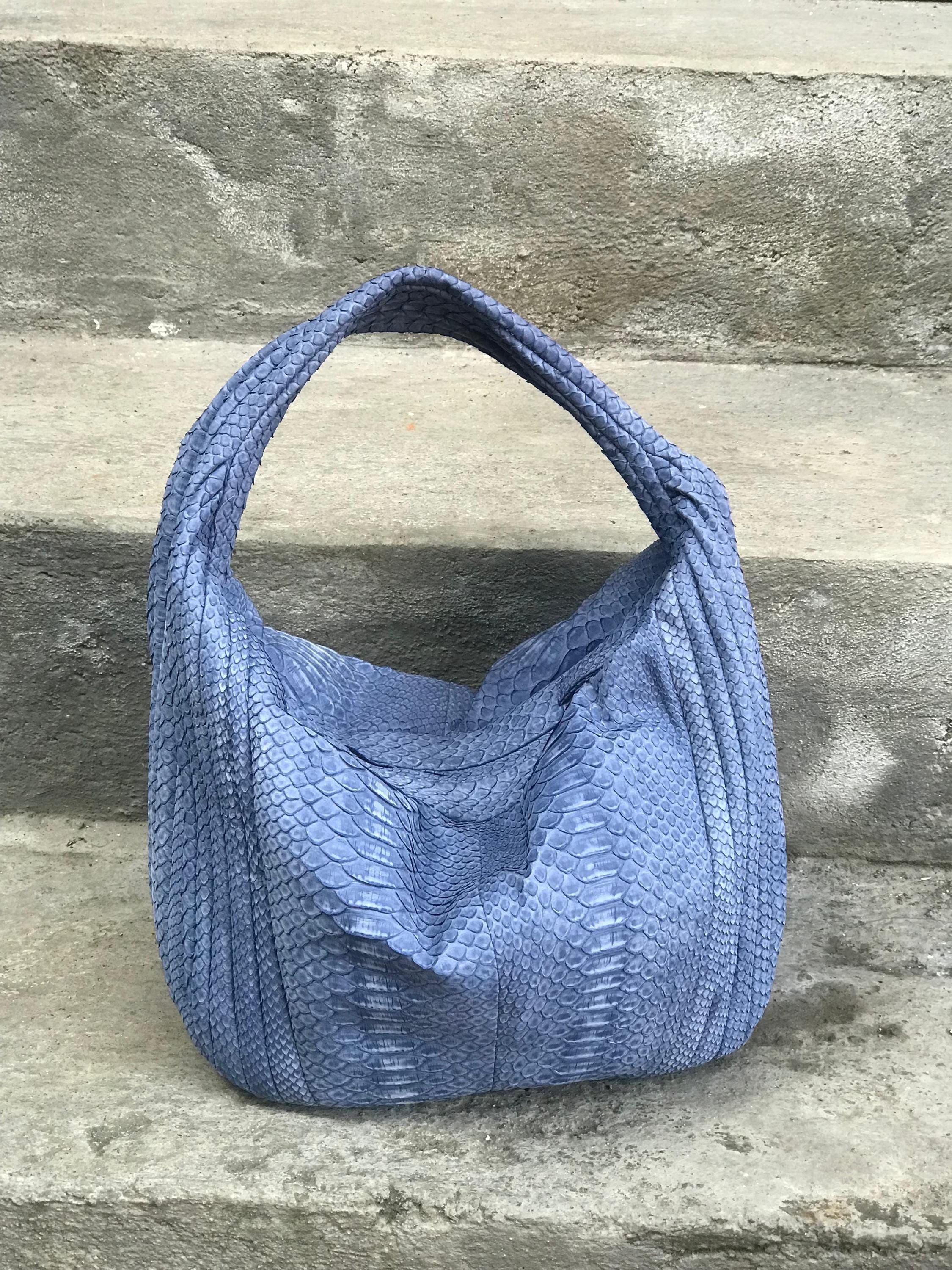 Medium Soft Hobo Python Skin Stitched Bag — Light Blue