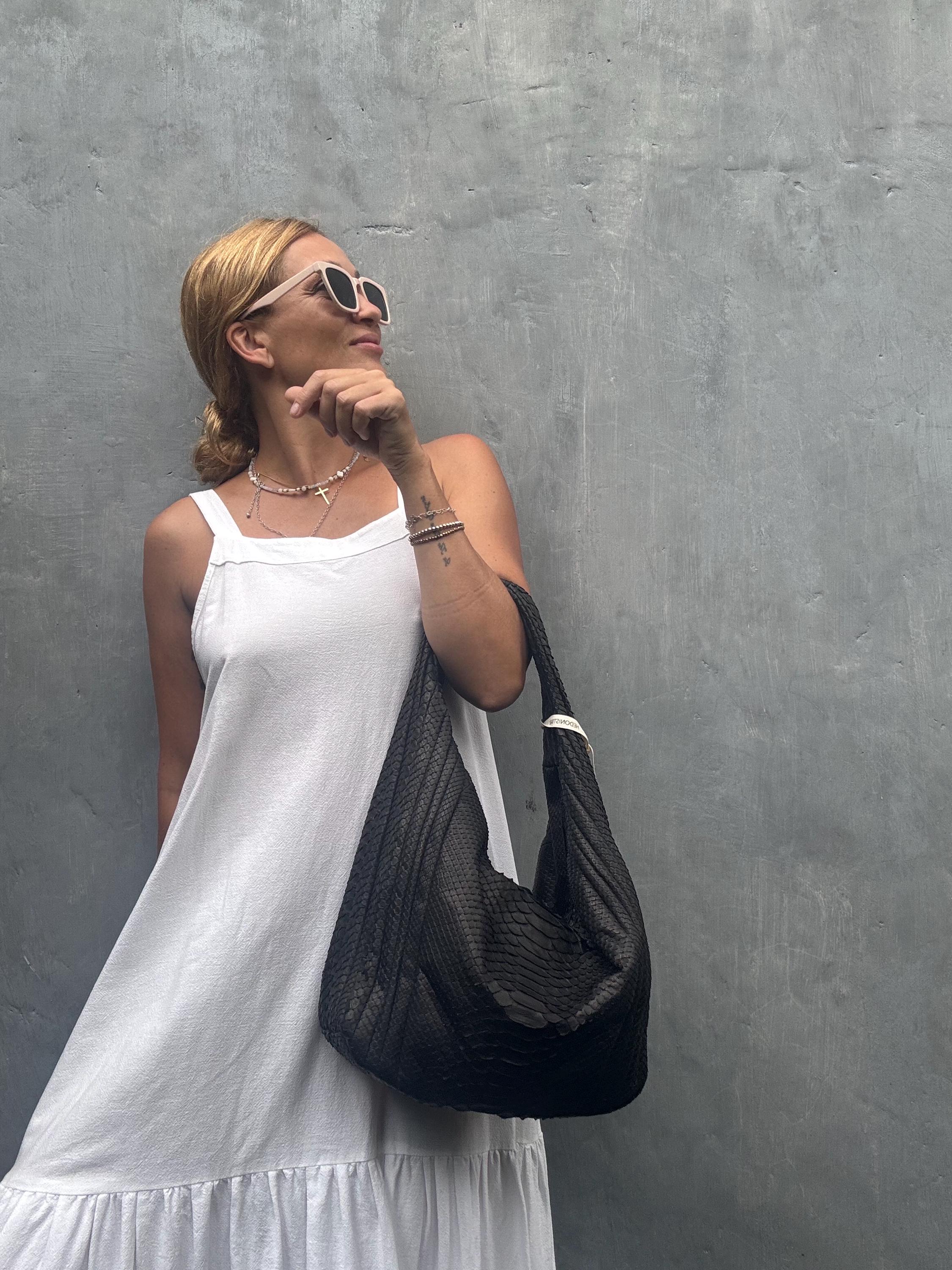 READY TO SHIP Soft Hobo Classy Sport Woman Stitched Bag | Purse Genuine Python Skin | Black  Elegant Leather Designer Soft Bag