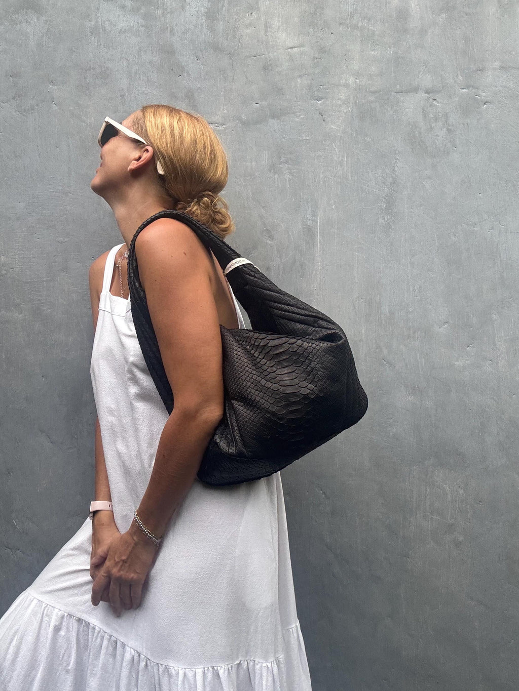 Soft Hobo Python Skin Bag — Black (Ready to Ship)