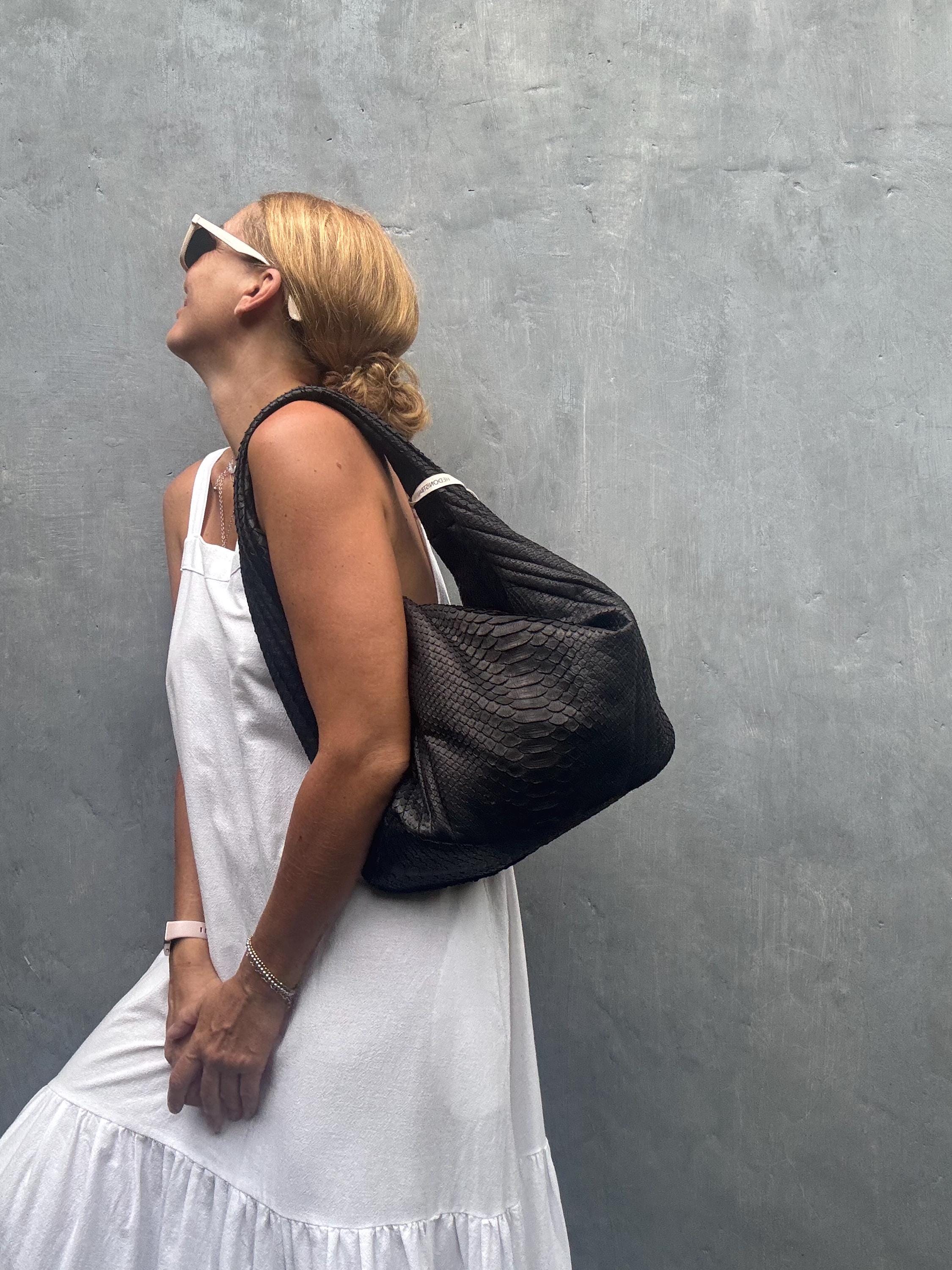 Soft Hobo Python Skin Bag — Black (Ready to Ship)