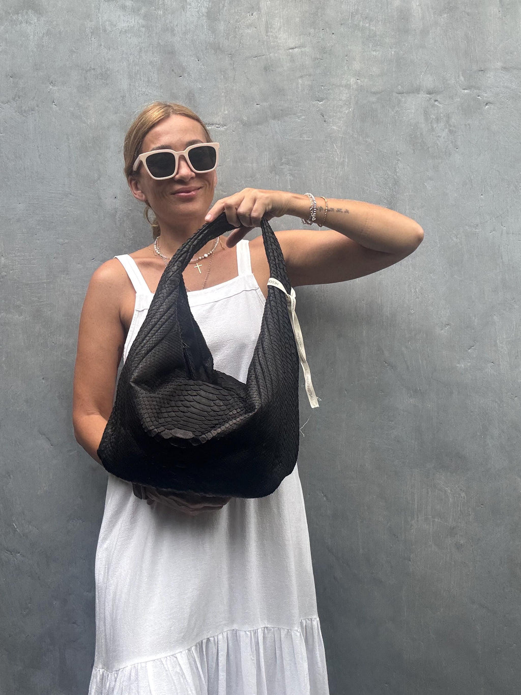 Soft Hobo Python Skin Bag — Black (Ready to Ship)