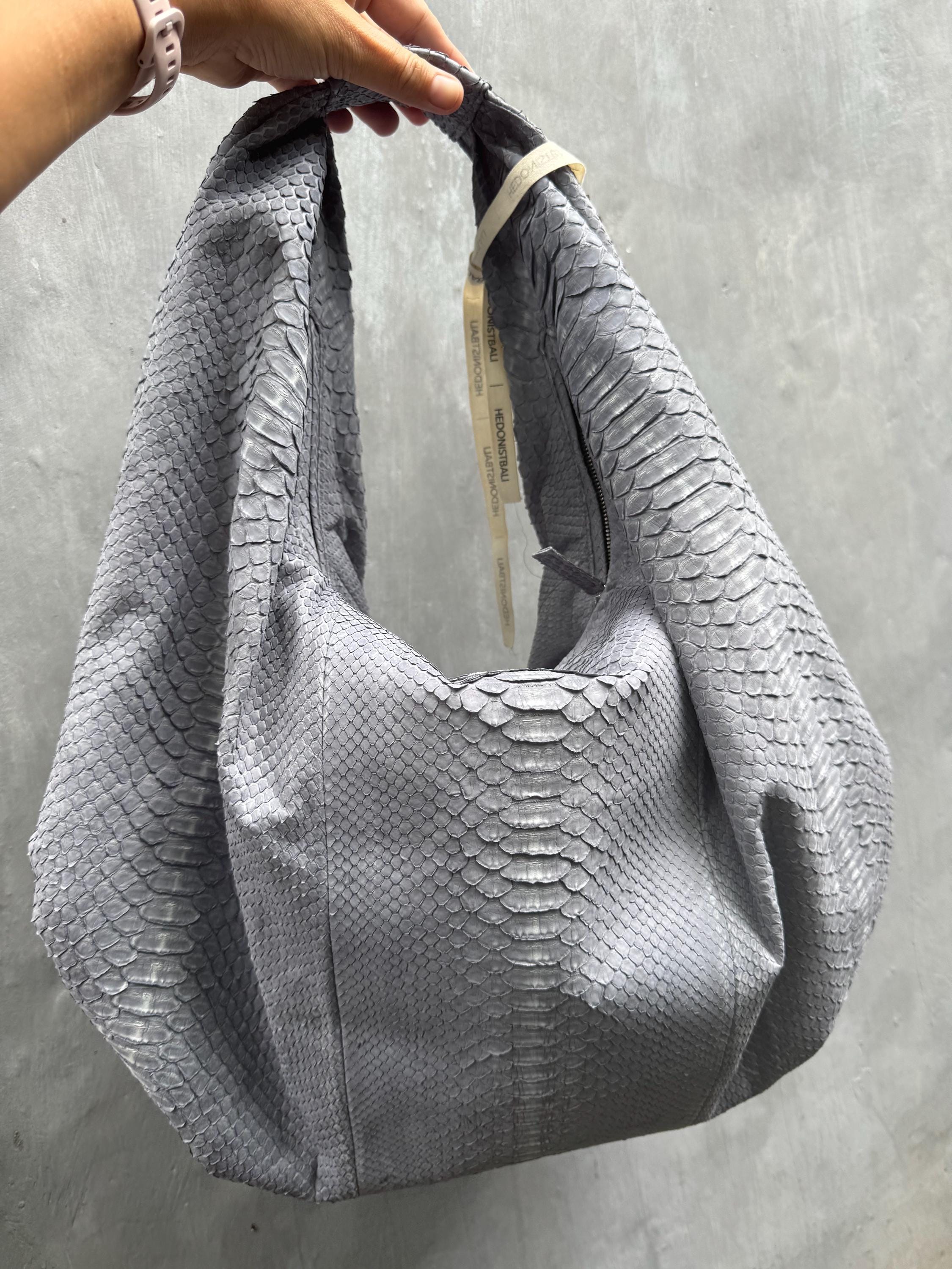 Big Soft Hobo Python Skin Bag — Grey