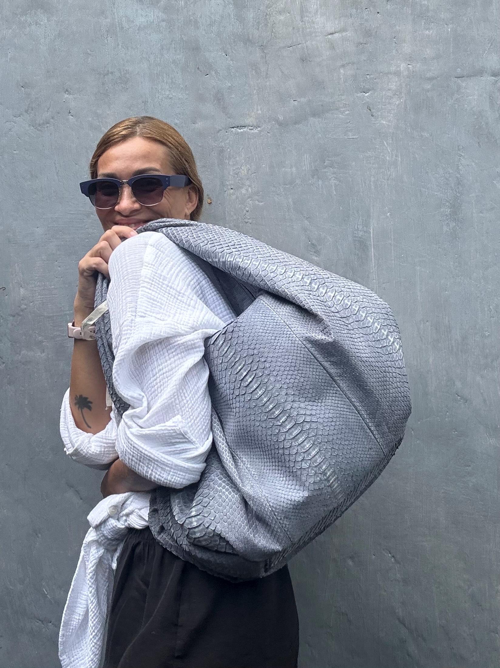 Big Soft Hobo Python Skin Bag — Grey