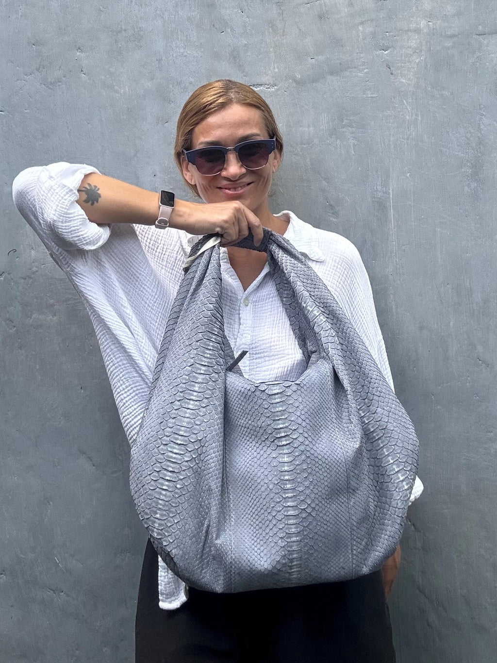 Big Soft Hobo Python Skin Bag — Grey