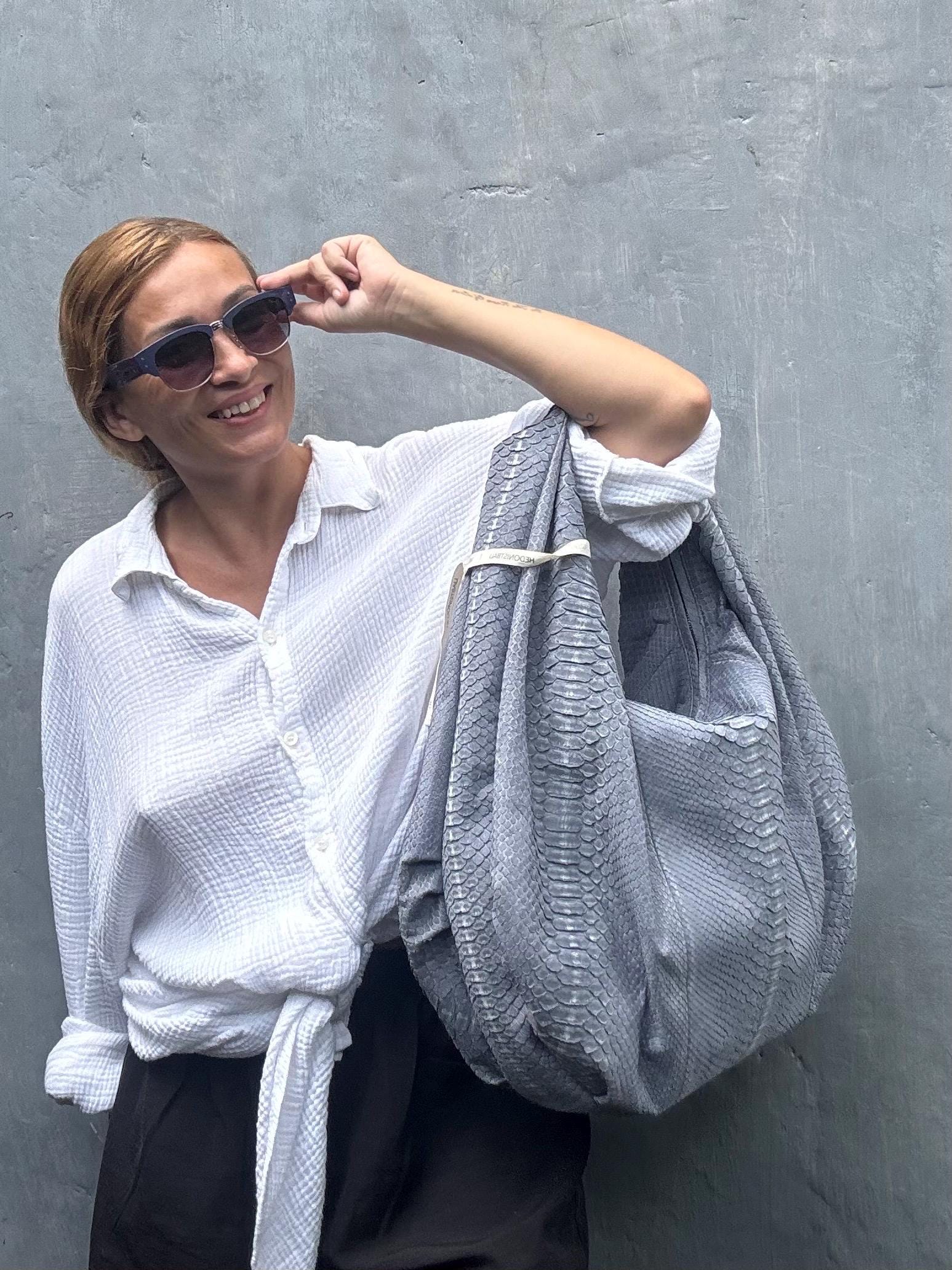 Big Soft Hobo Python Skin Bag — Grey