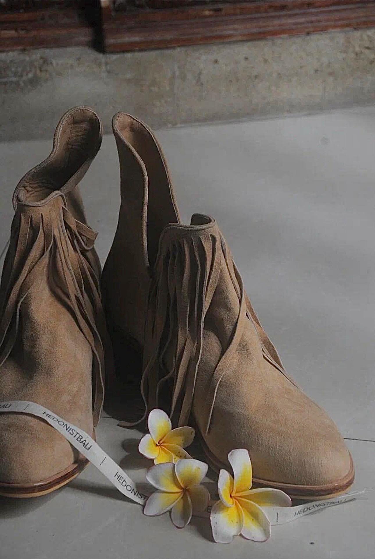 Genuine Suede Fringe Cowboy Boots — Cream