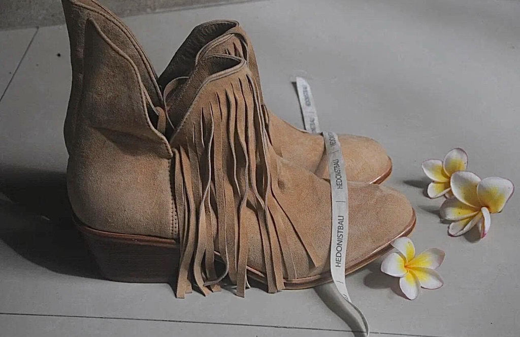 Genuine Suede Fringe Cowboy Boots — Cream