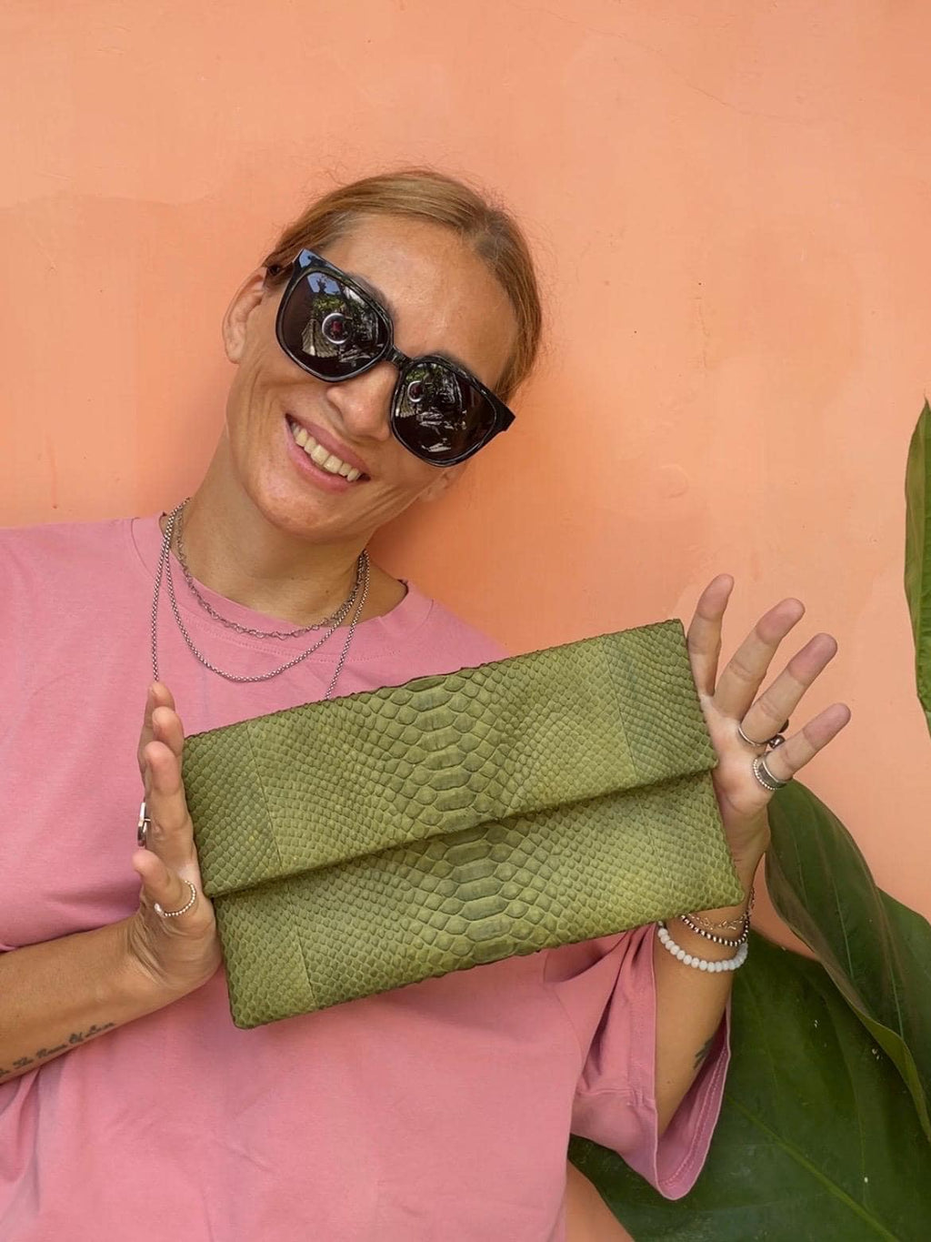 Genuine Python Skin Dark Green Envelope Clutch — Red