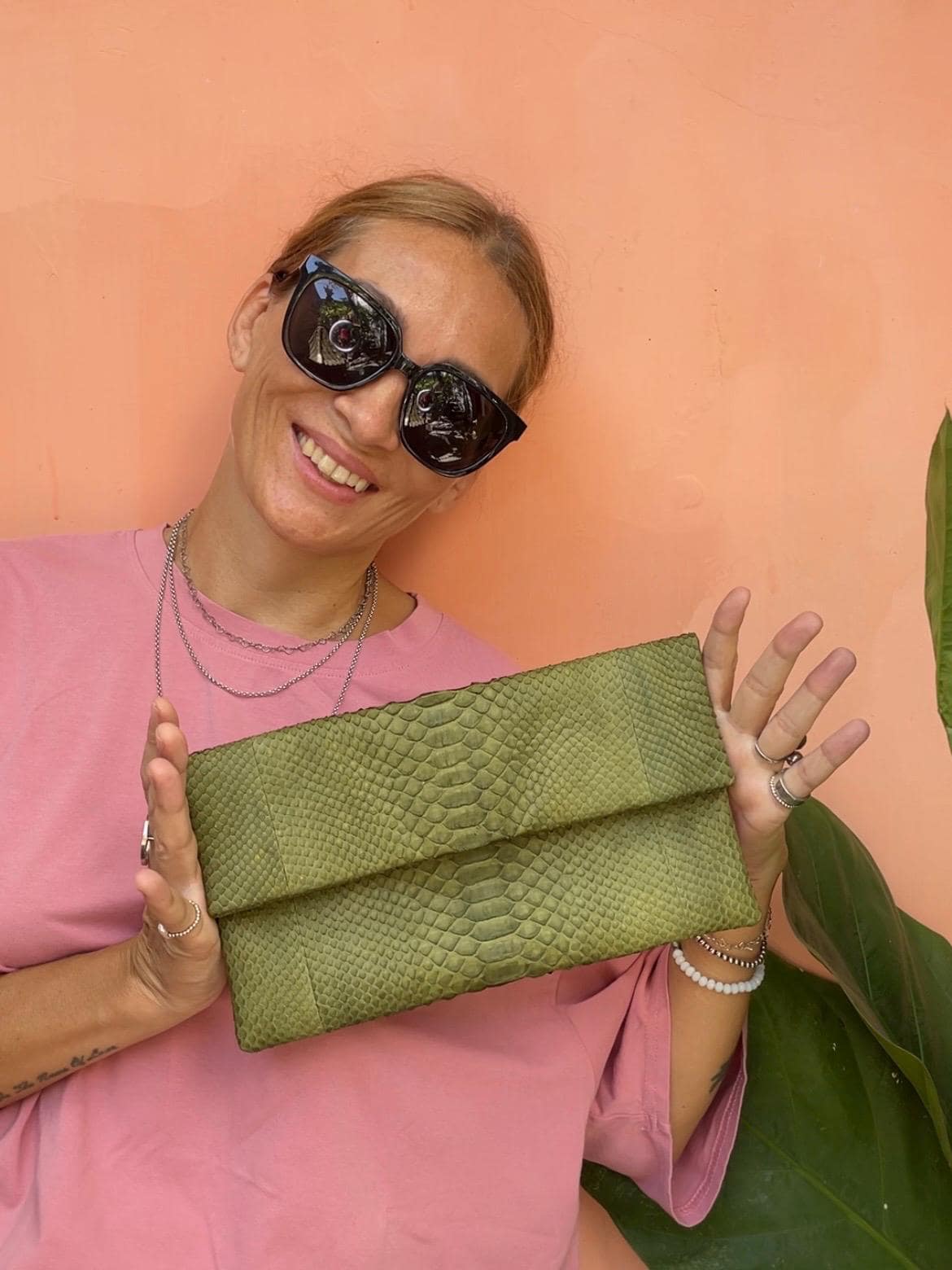 Genuine Python Skin Dark Green Envelope Clutch — Red