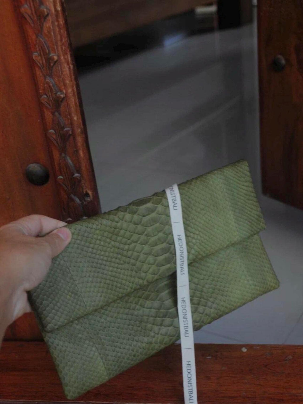 Genuine Python Skin Dark Green Envelope Clutch — Red