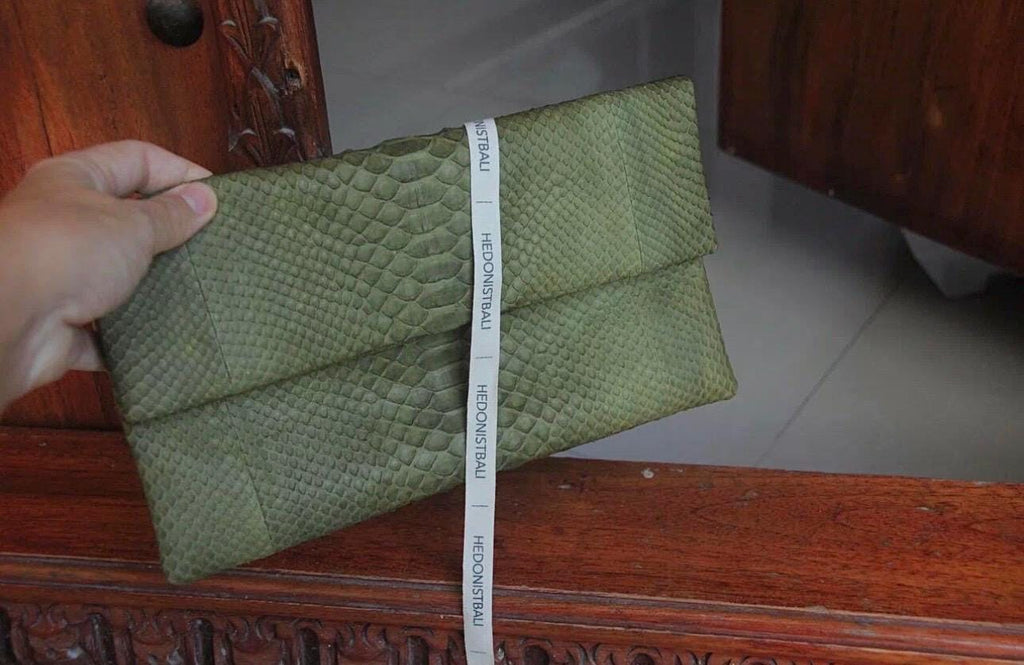 Genuine Python Skin Dark Green Envelope Clutch — Red