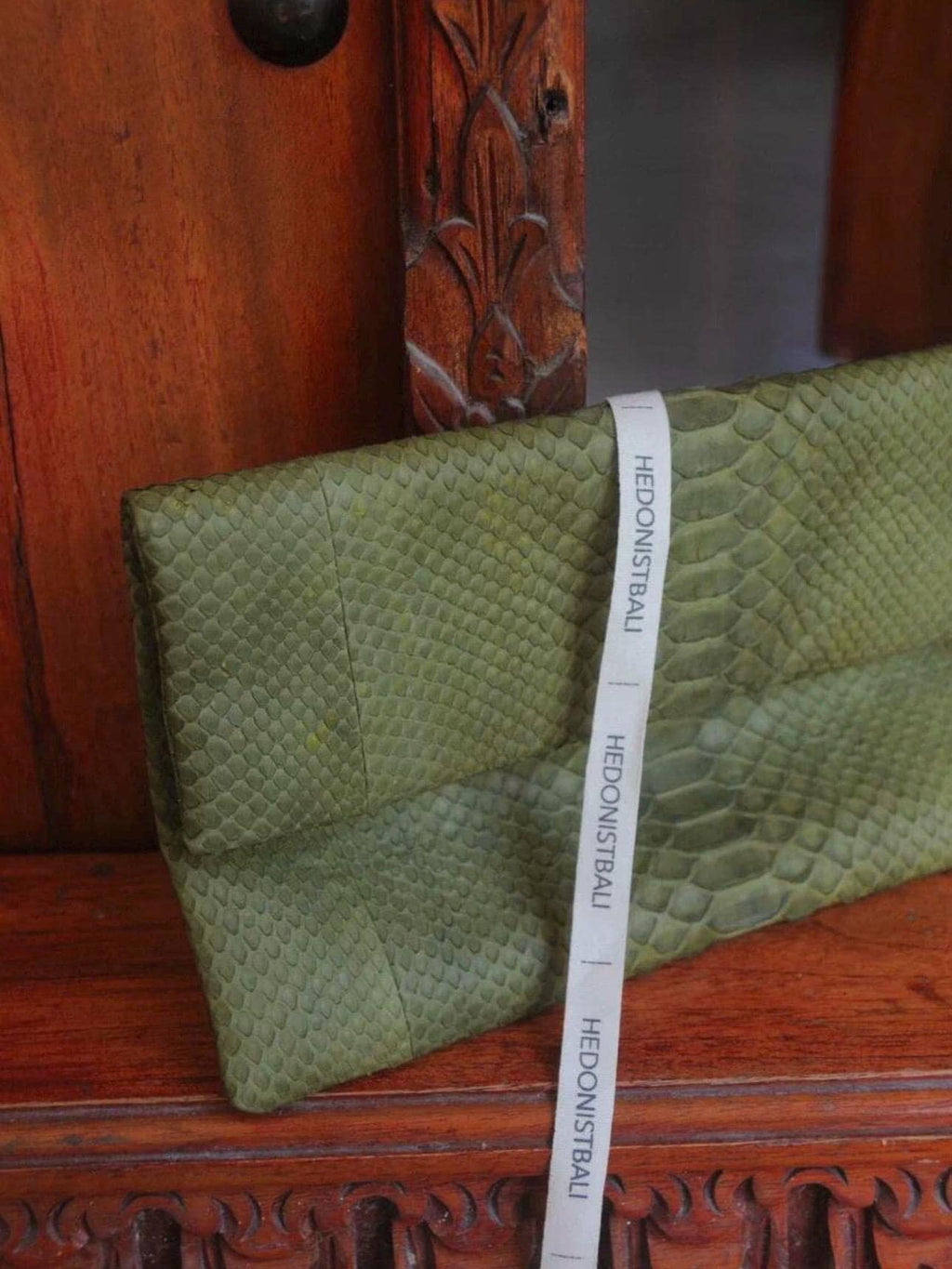 Genuine Python Skin Dark Green Envelope Clutch — Red