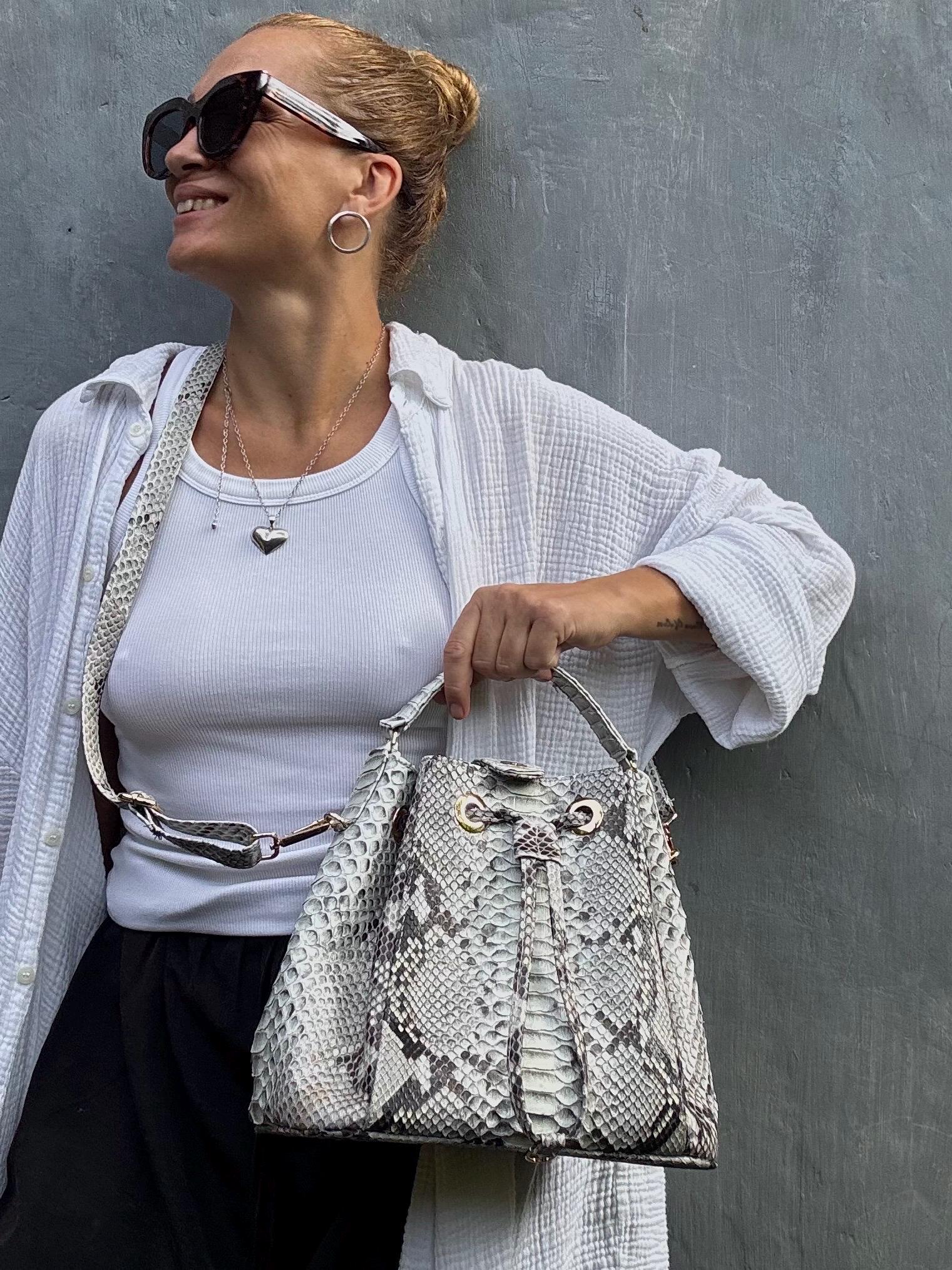 Genuine python skin grey bucket crosshandle bag/ designer women purse — Red